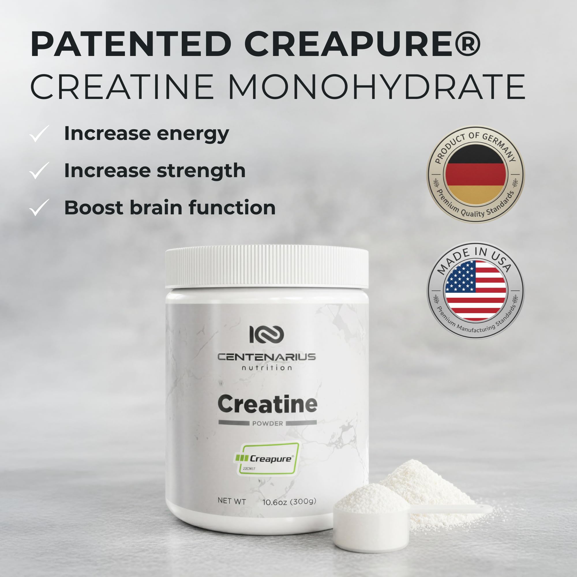 Centenarius Creatina Monohidrato para deportistas, uso diario para potencia constante.