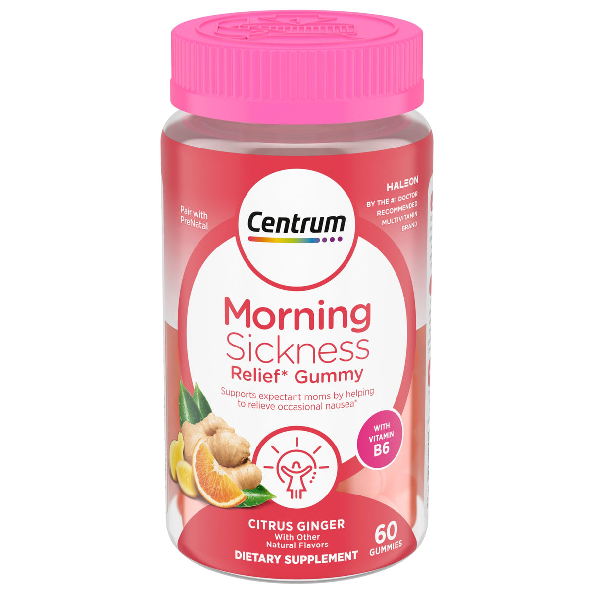 Frasco Centrum gomitas alivio de náuseas matutinas, 60 dosis, ideal para alivio ocasional.