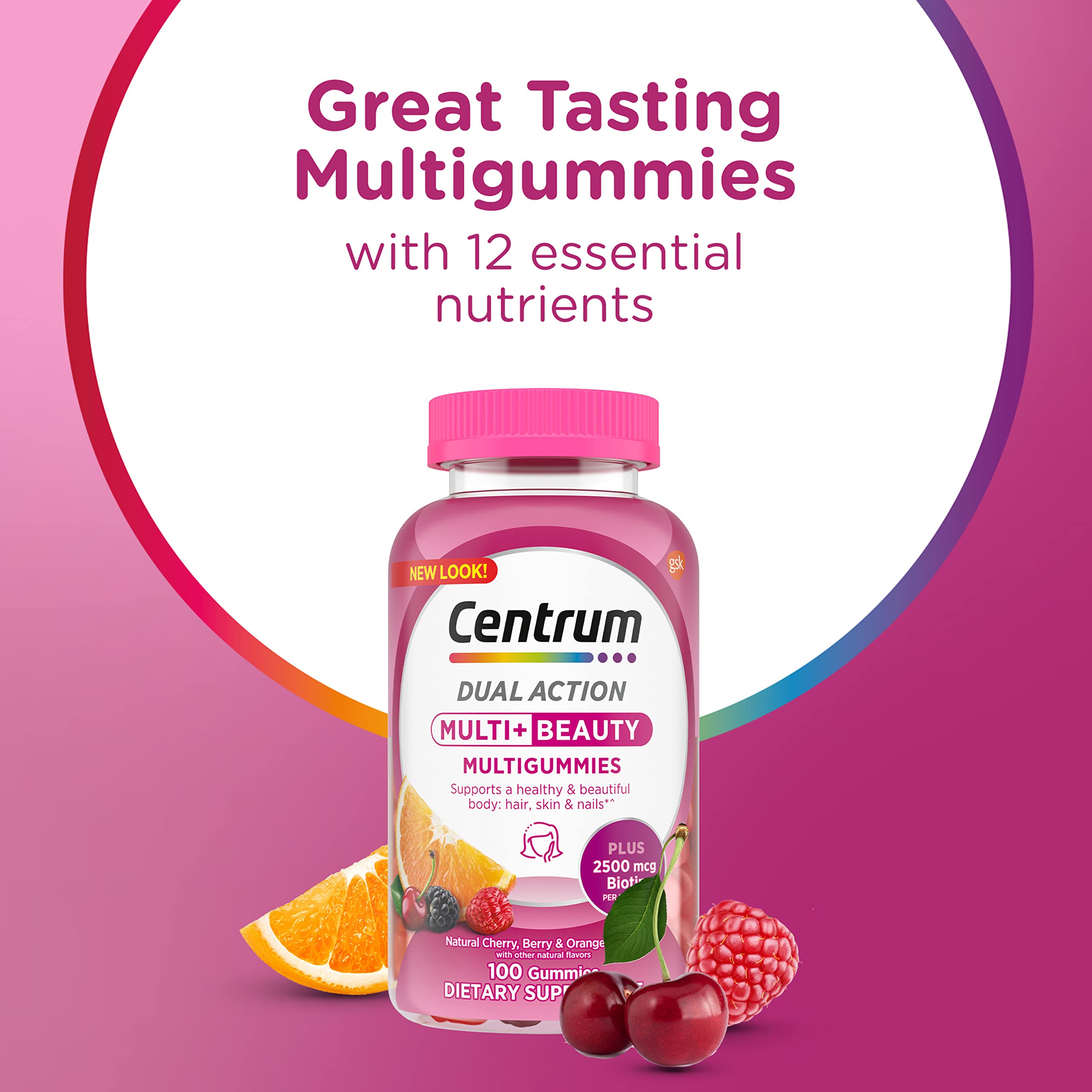 Centrum MultiGummies sabor bayas para cabello y uñas saludables.