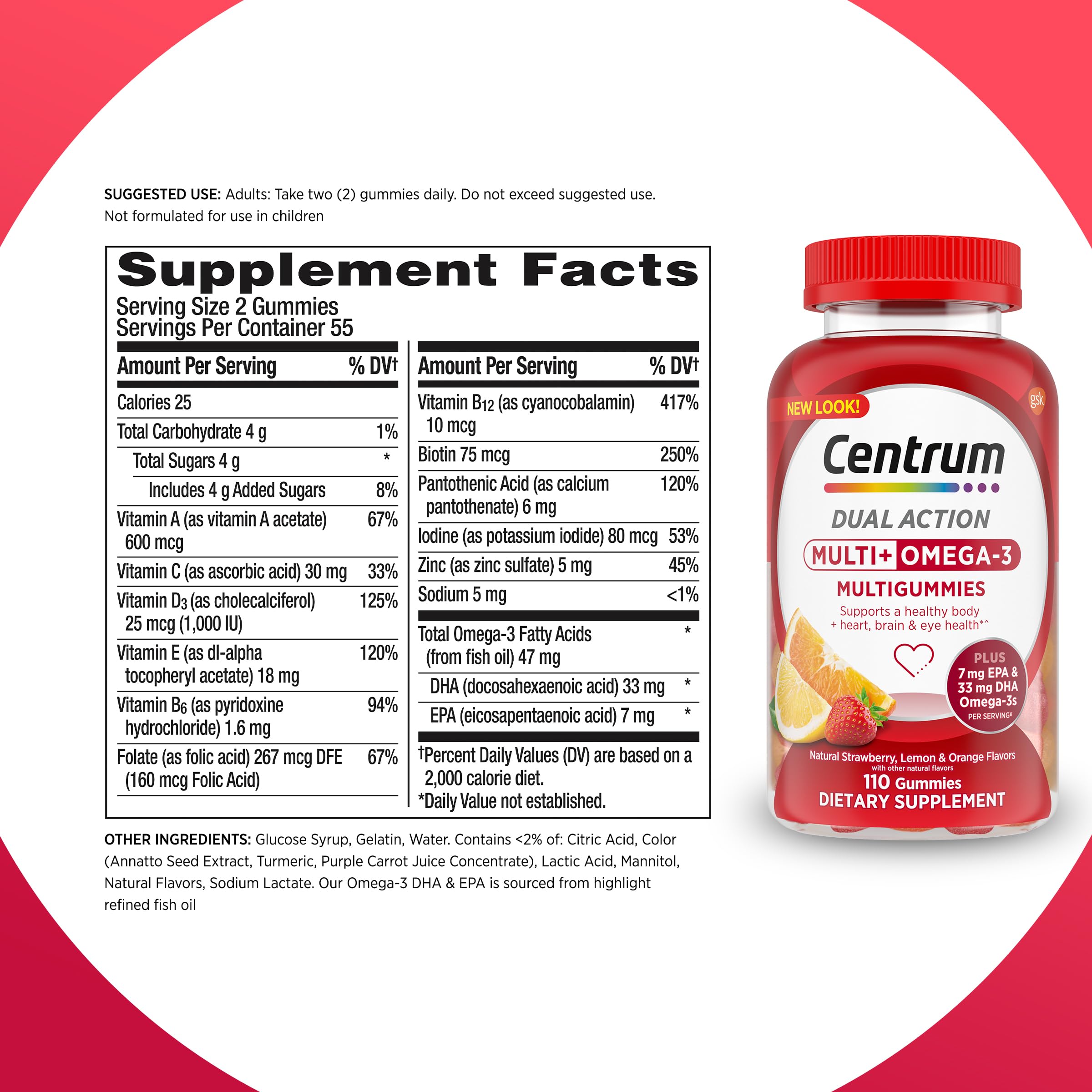 Centrum MultiGummies dosis diaria-dos gomitas, incorporación sencilla a la rutina
