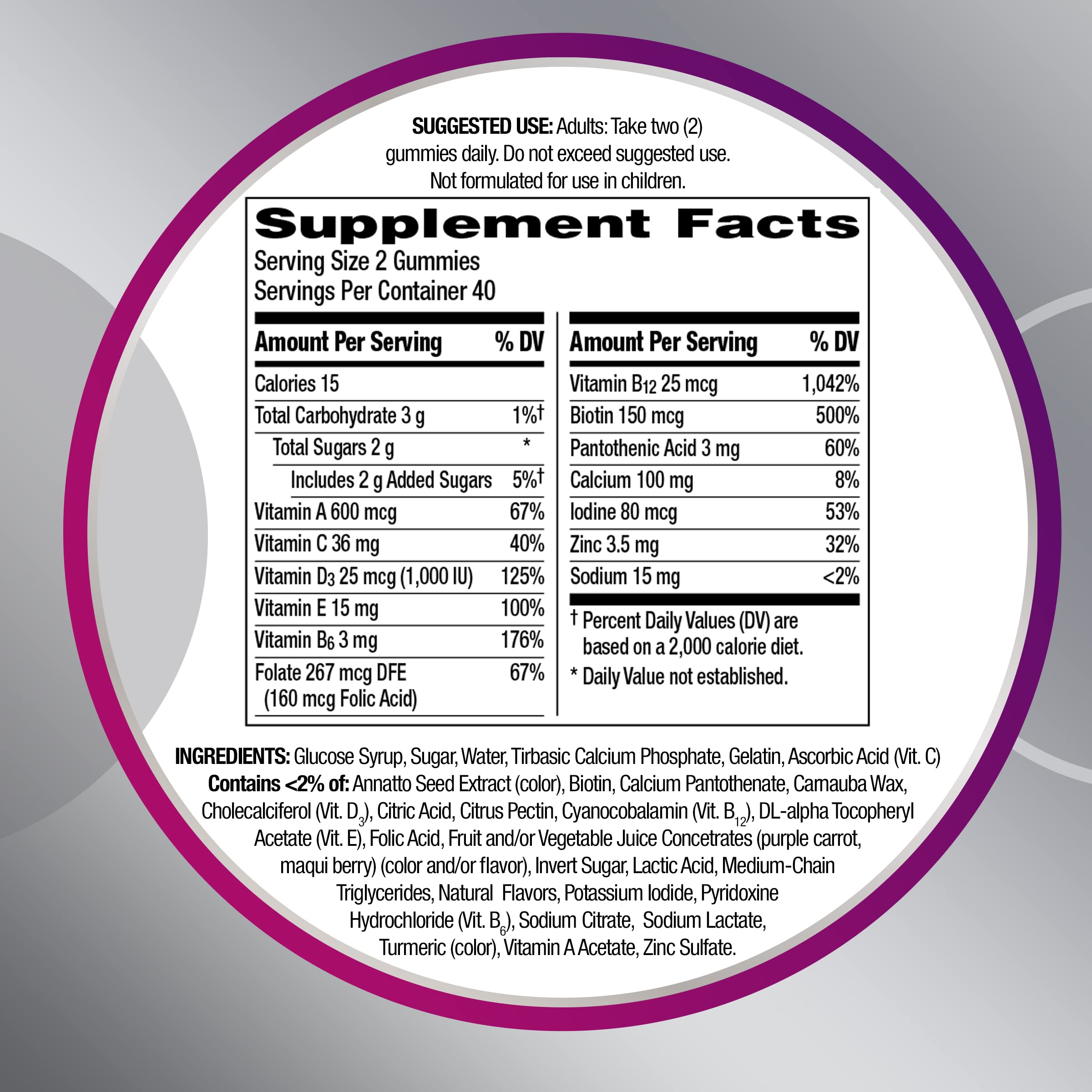 Centrum MultiGummies con vitaminas clave, apoyo a la salud general.