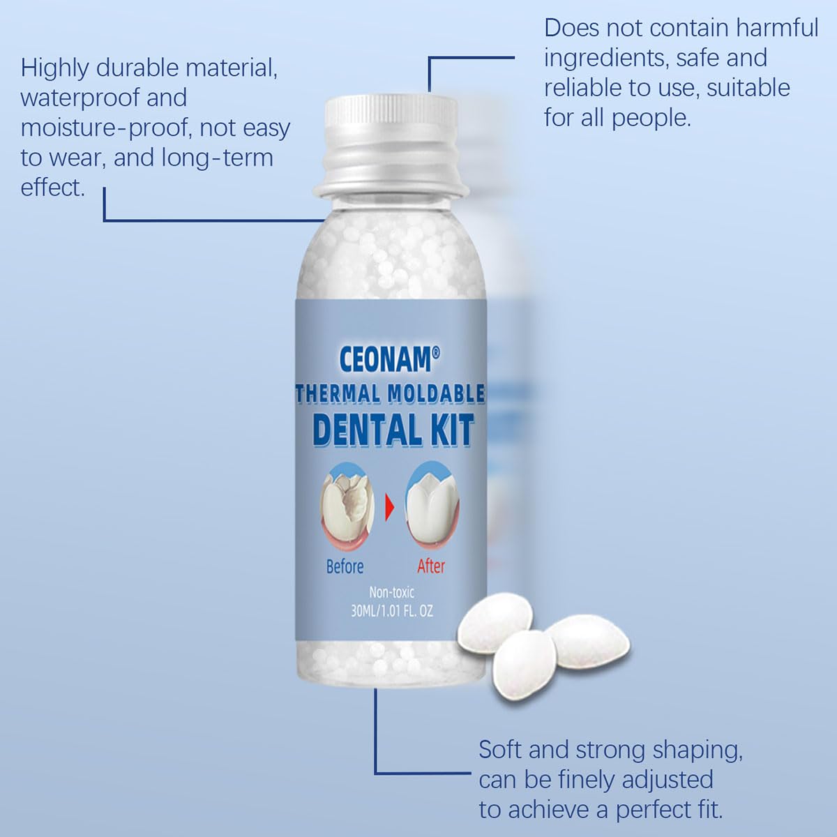 Ceonam reparación dental casa hazlo tú mismo, guía paso a paso en la caja