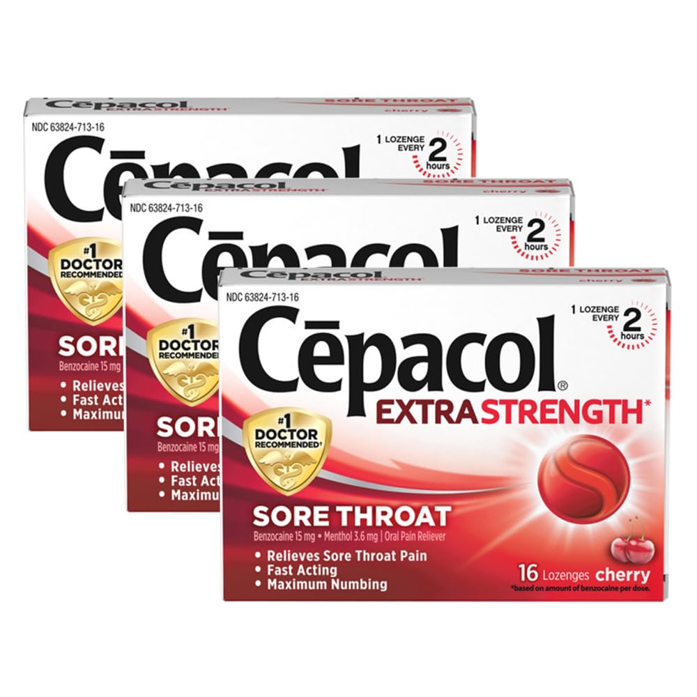 Cepacol pastillas para dolor de garganta sabor cereza, alivio potencial.