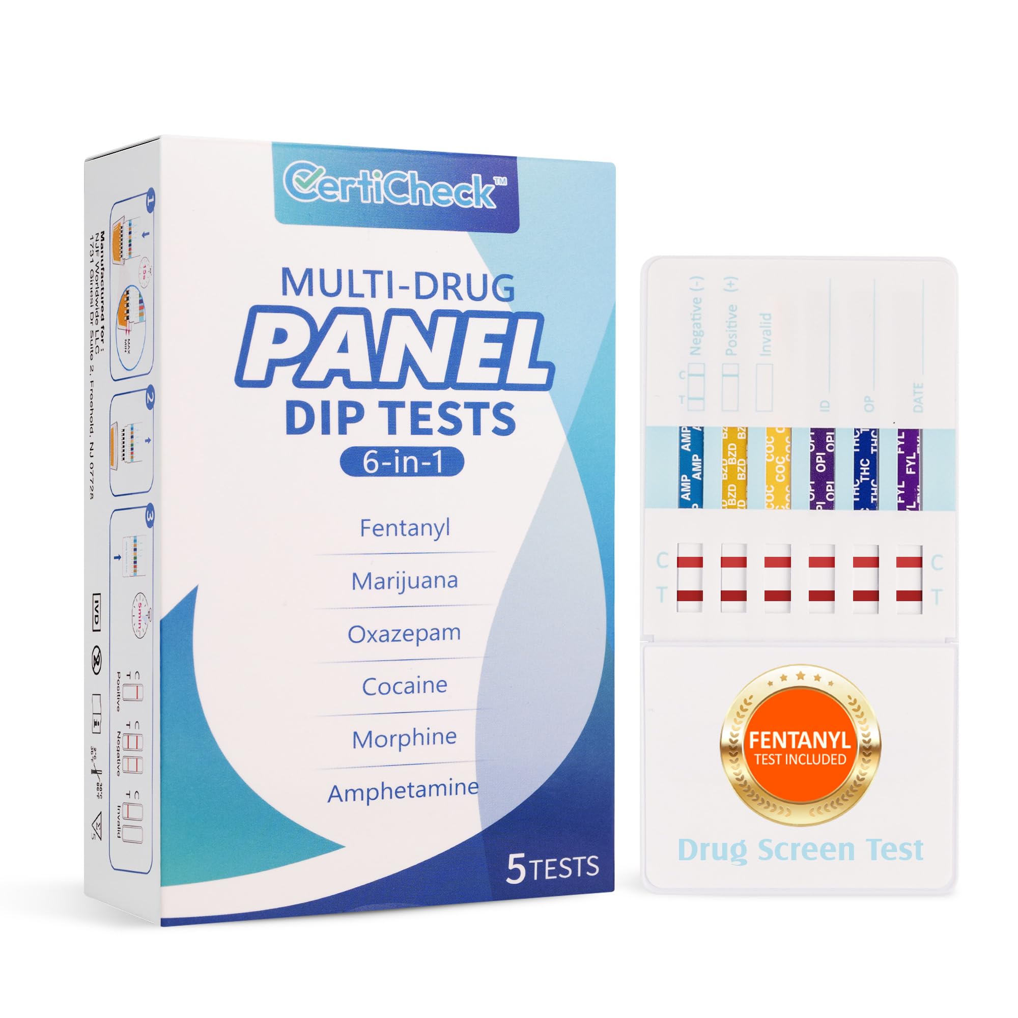 CertiCheck 6-panel en casa: prueba de orina con detección de THC y uso privado.