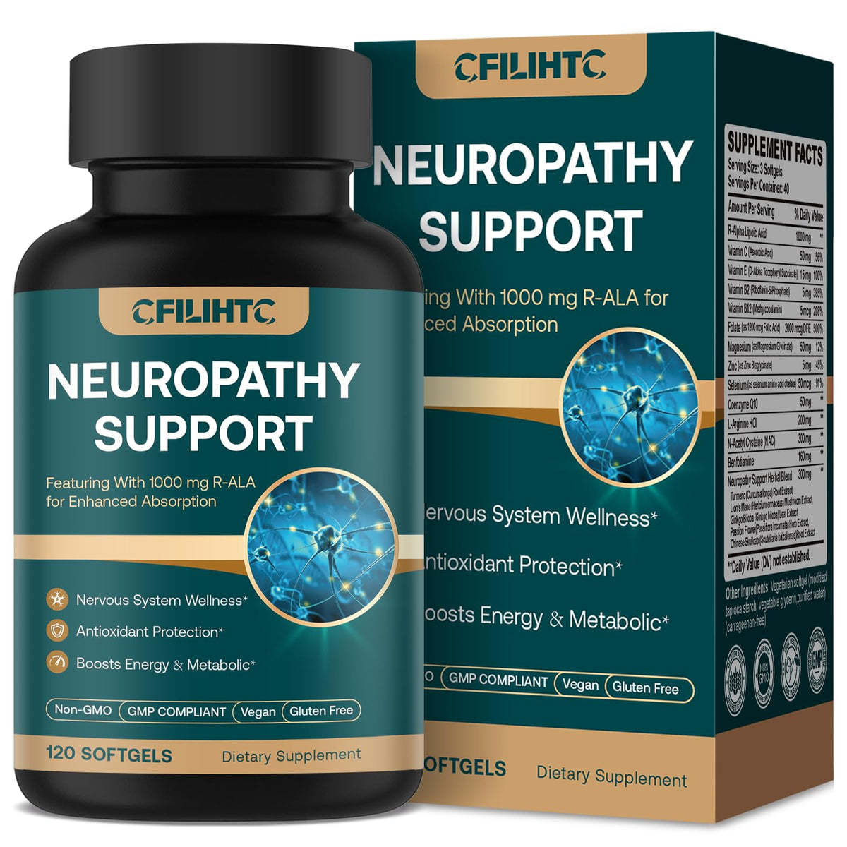 CFILIHTC Apoyo neuropatía: botella de cápsulas para confort nervioso diario.