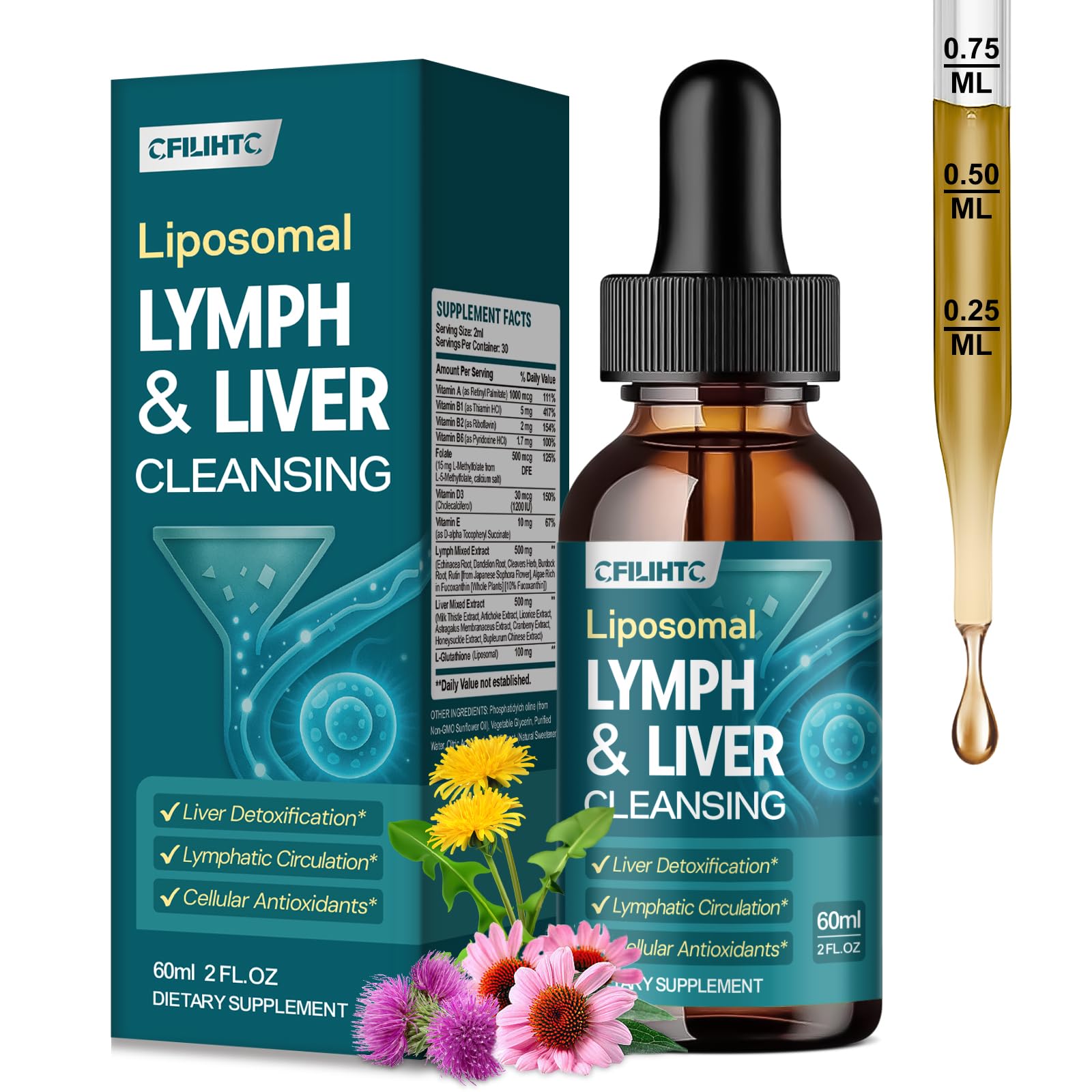 CFILIHTC Drenaje linfático liposomal: frasco con gotas para apoyo al bienestar.