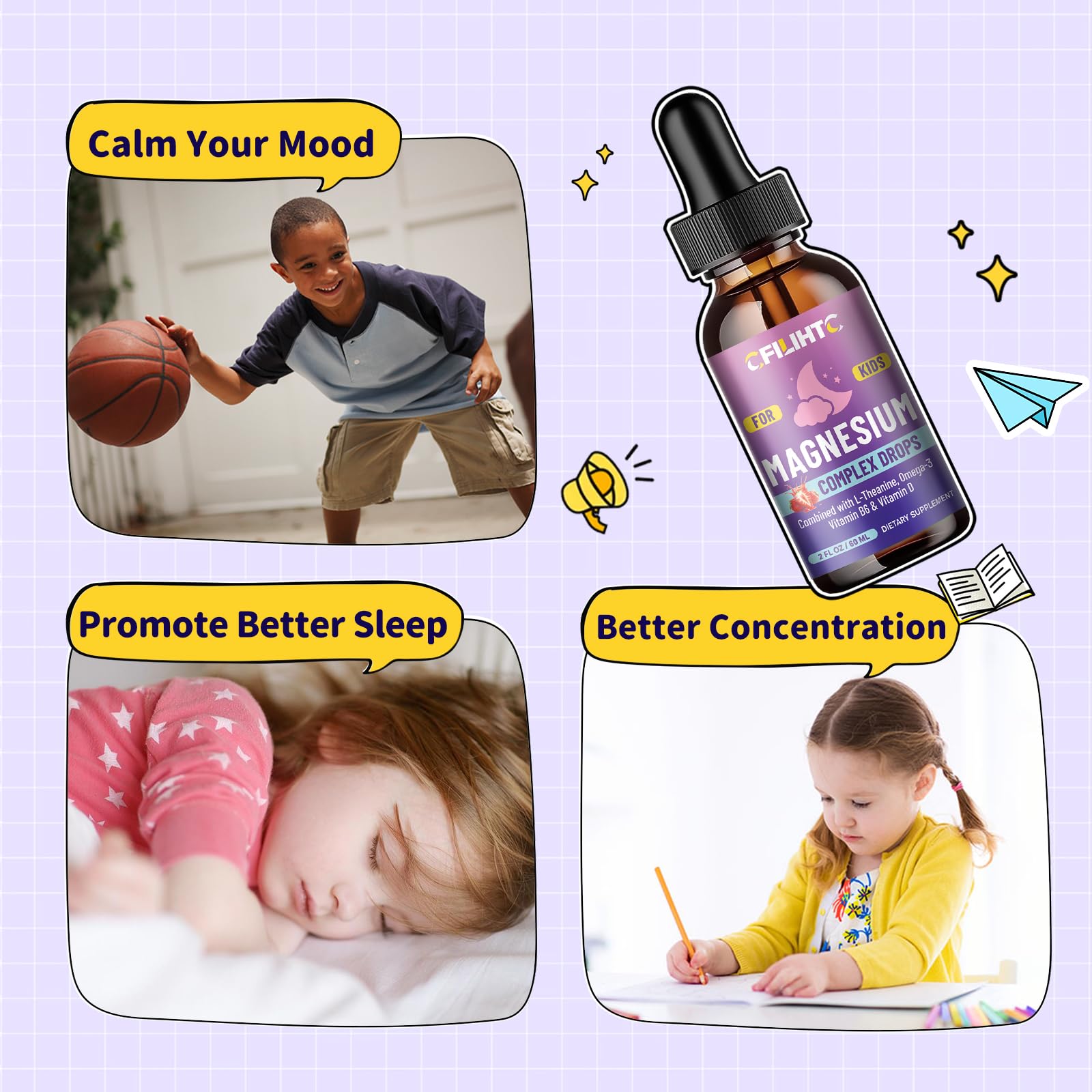 CFILIHTC Gotas de magnesio para niños, medición en ml para dosis precisas.