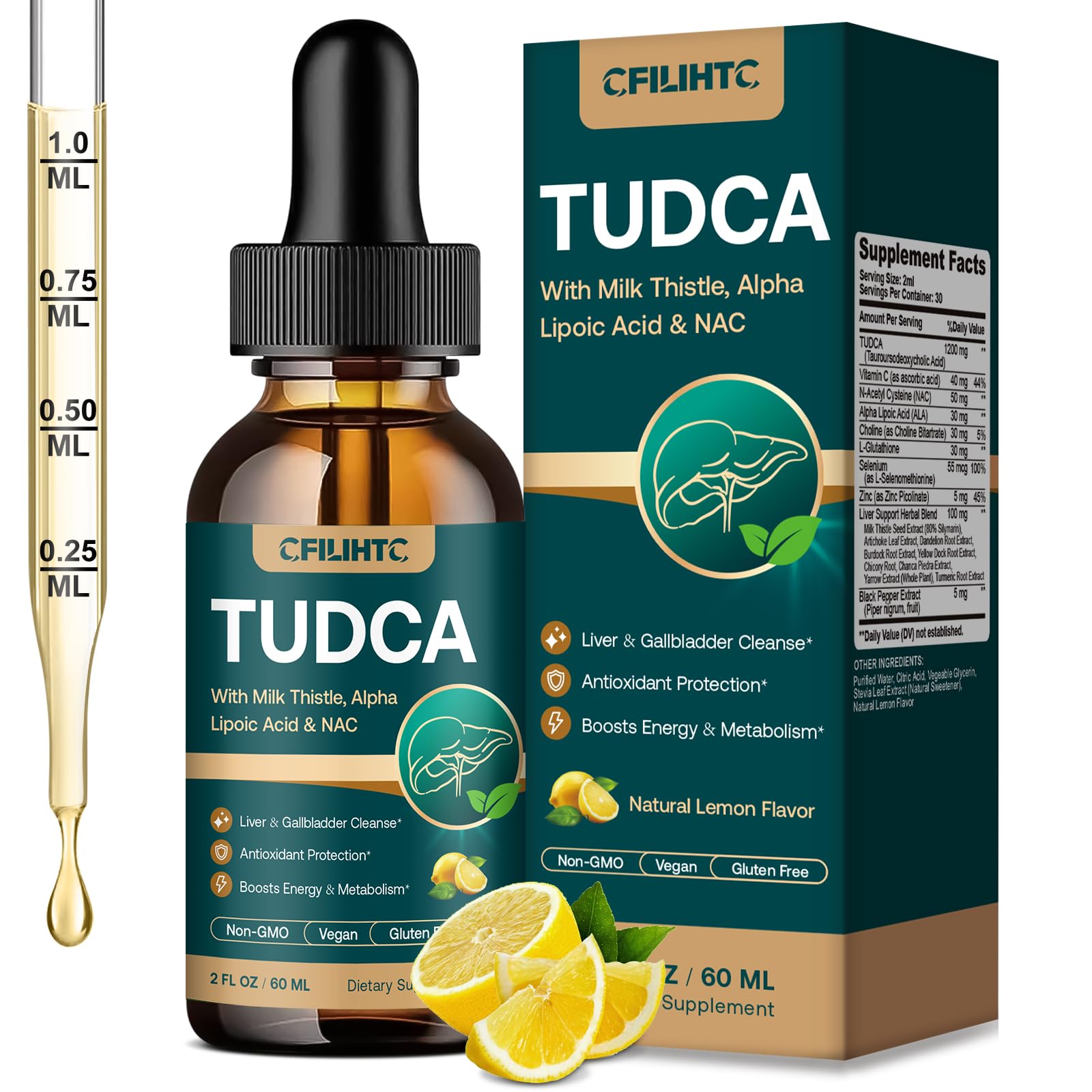 CFILIHTC TUDCA, gotas 1200 mg en frasco dosificador para apoyo hepático.