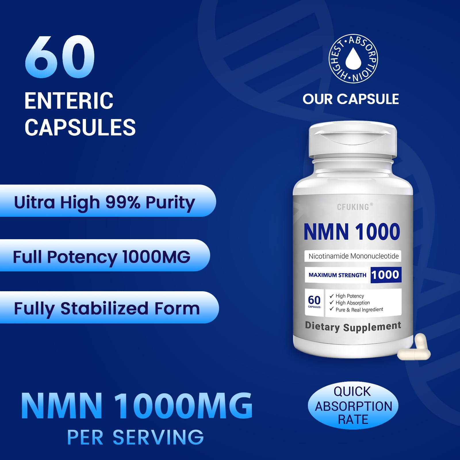 CFUKING NMN cápsulas entericas para mejor absorción diaria.