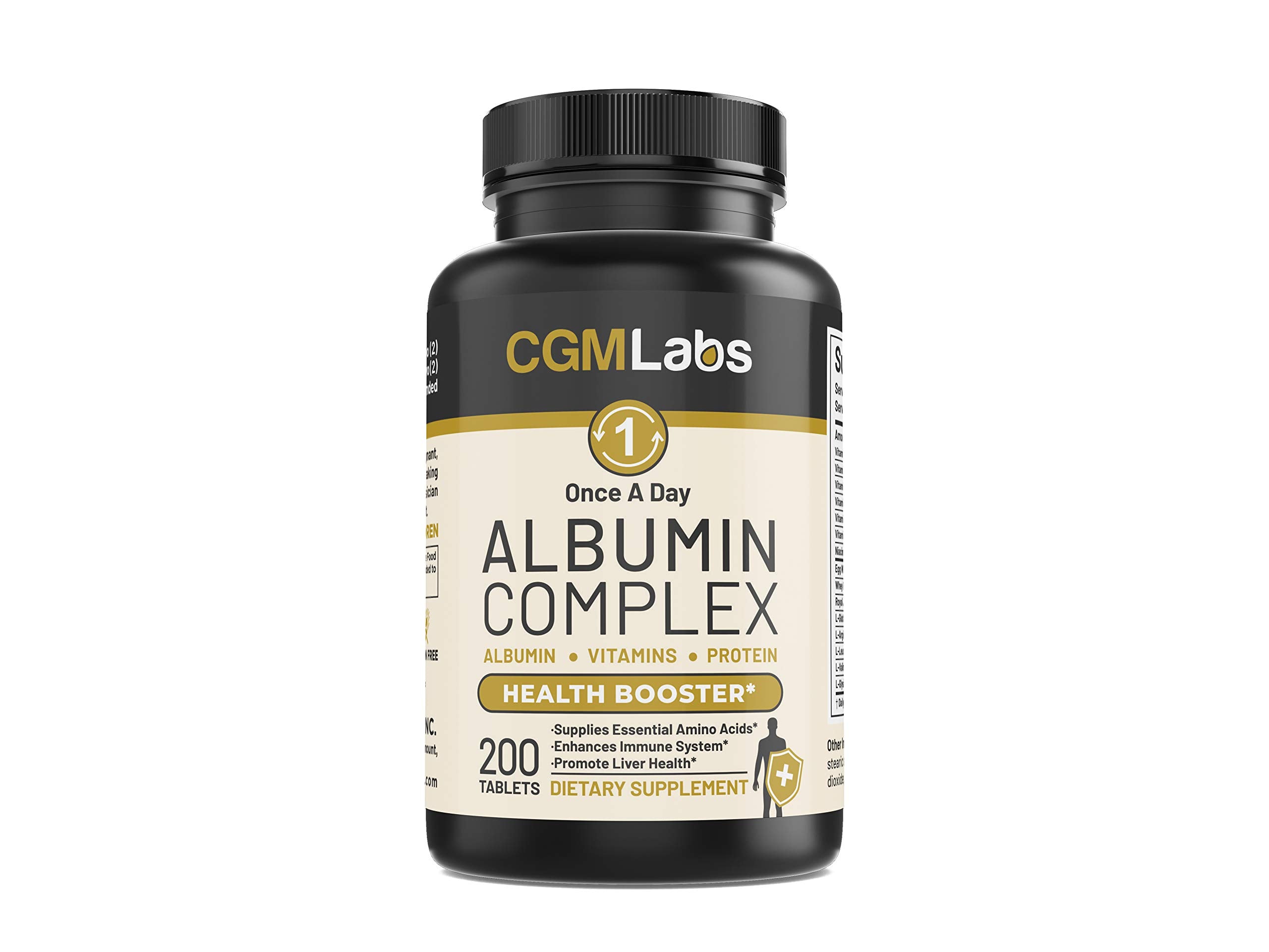 CGMLABS Complejo de Albumina Alta Gama, botella frontal, apoyo diario a la recuperación muscular.