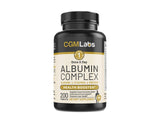 CGMLABS Complejo de Albumina Alta Gama, botella frontal, apoyo diario a la recuperación muscular.