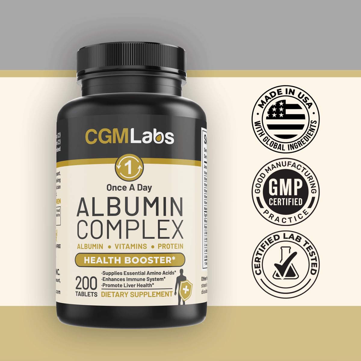 CGMLABS Complejo de Albumina Alta Gama, envase principal fácil de guardar.