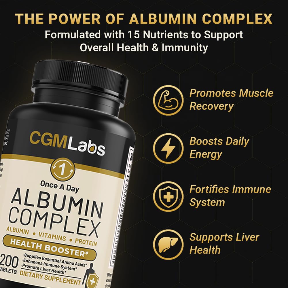 CGMLABS Complejo de Albumina Alta Gama, etiqueta informativa muestra ingredientes y beneficios.