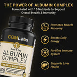 CGMLABS Complejo de Albumina Alta Gama, etiqueta informativa muestra ingredientes y beneficios.