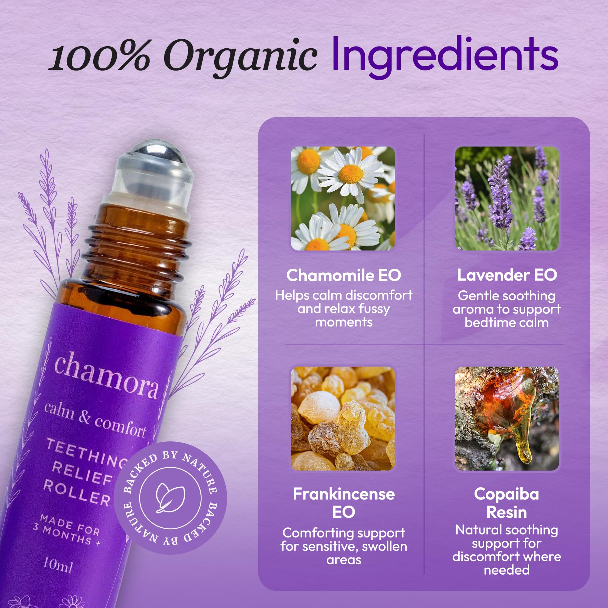 Chamora aceite natural con jojoba y camomila, fórmula suave para encías sensibles.