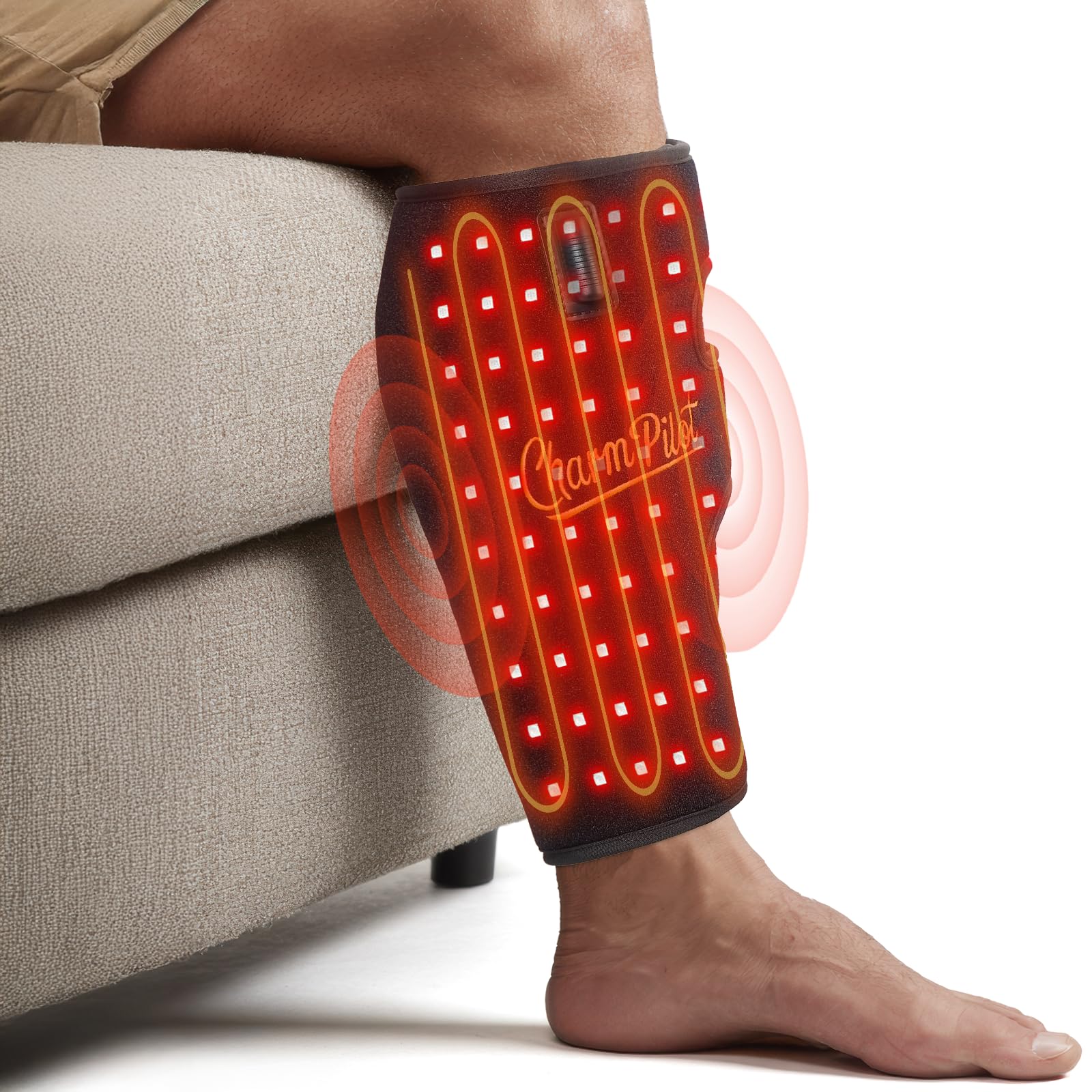 Charmpilot pantorrilla en uso con terapia de luz roja para relajación