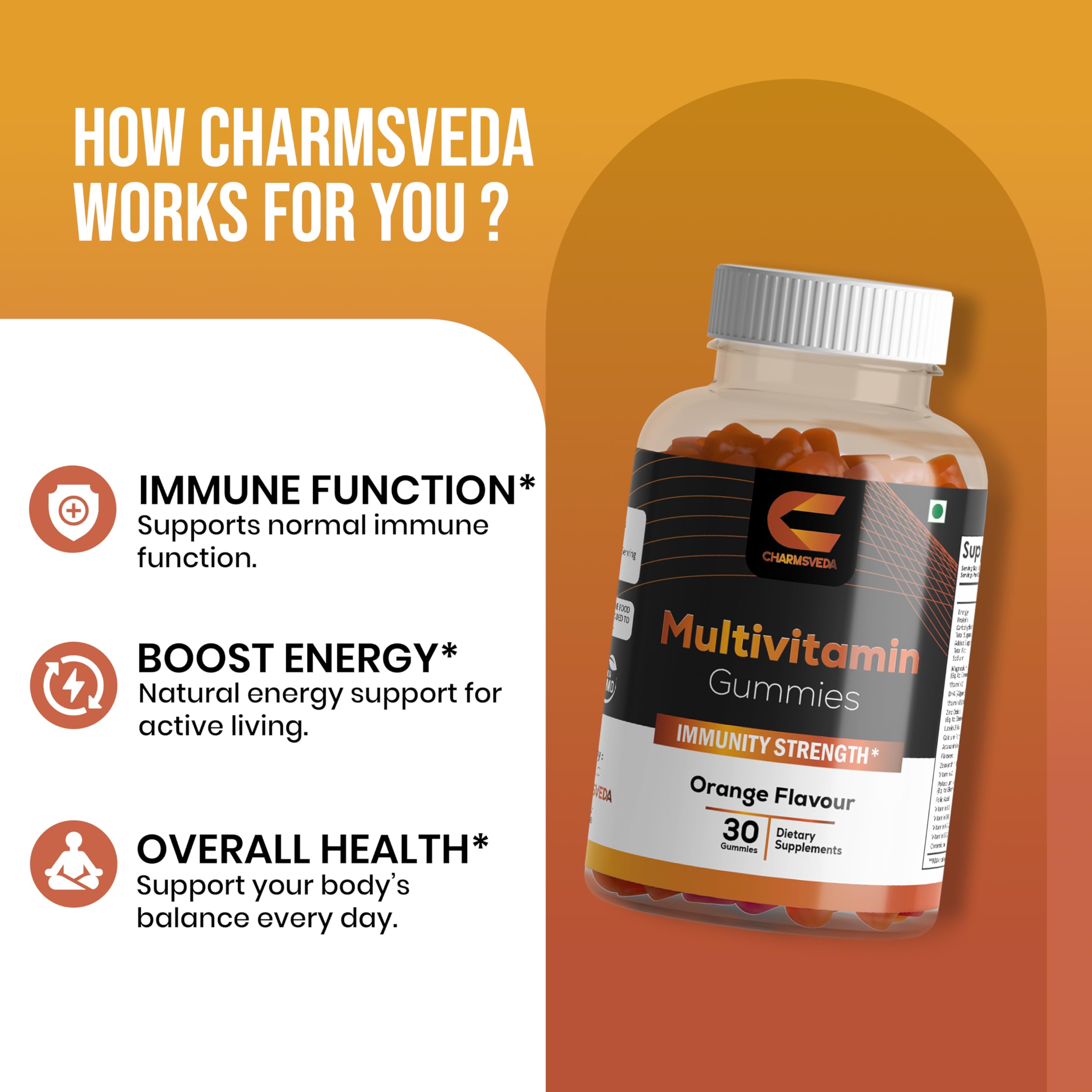 CHARMSVEDA botella multivitaminas en escena, fórmula conveniente para la rutina diaria.
