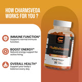 CHARMSVEDA botella multivitaminas en escena, fórmula conveniente para la rutina diaria.