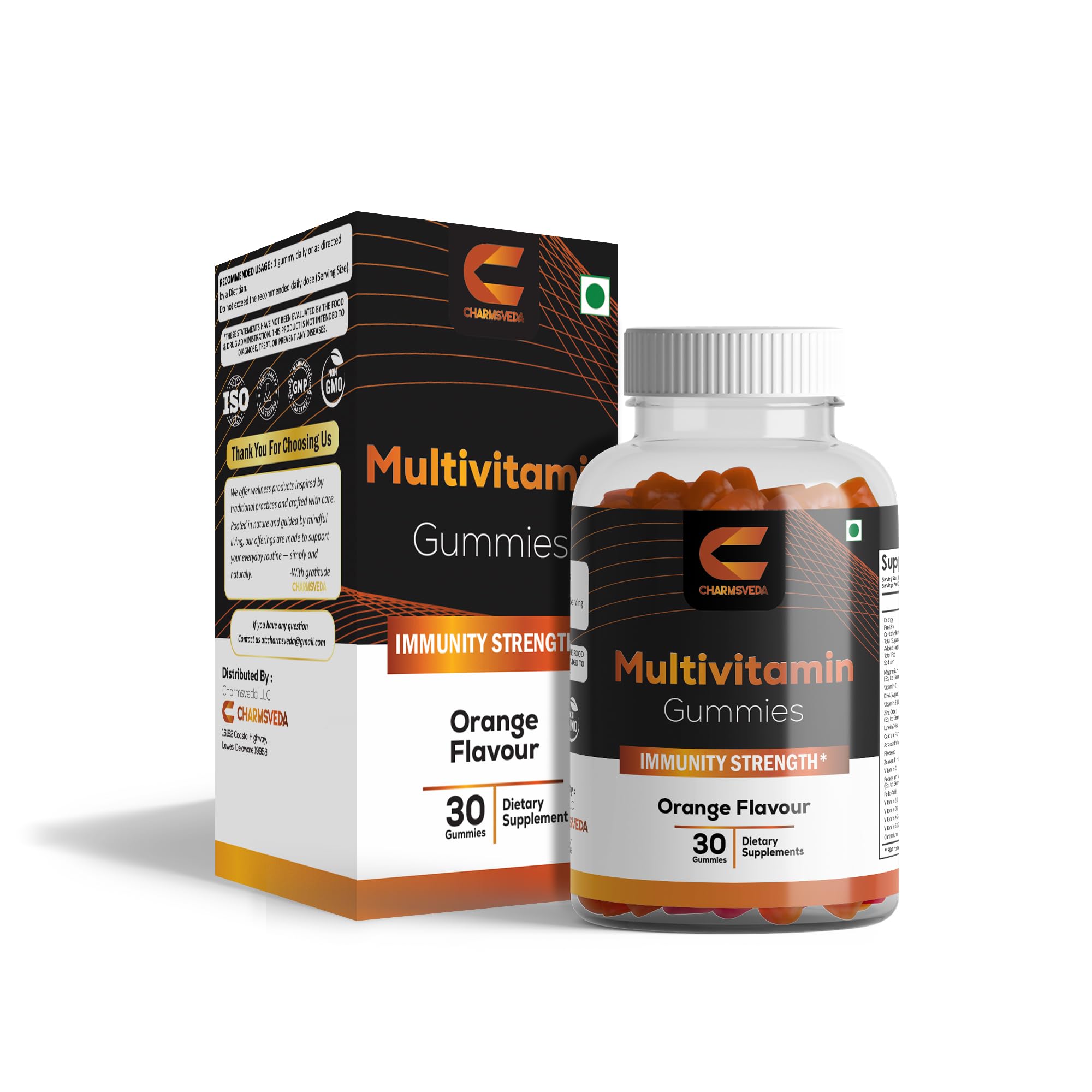 CHARMSVEDA gomitas multivitaminas en vaso, sabor naranja para energía diaria.