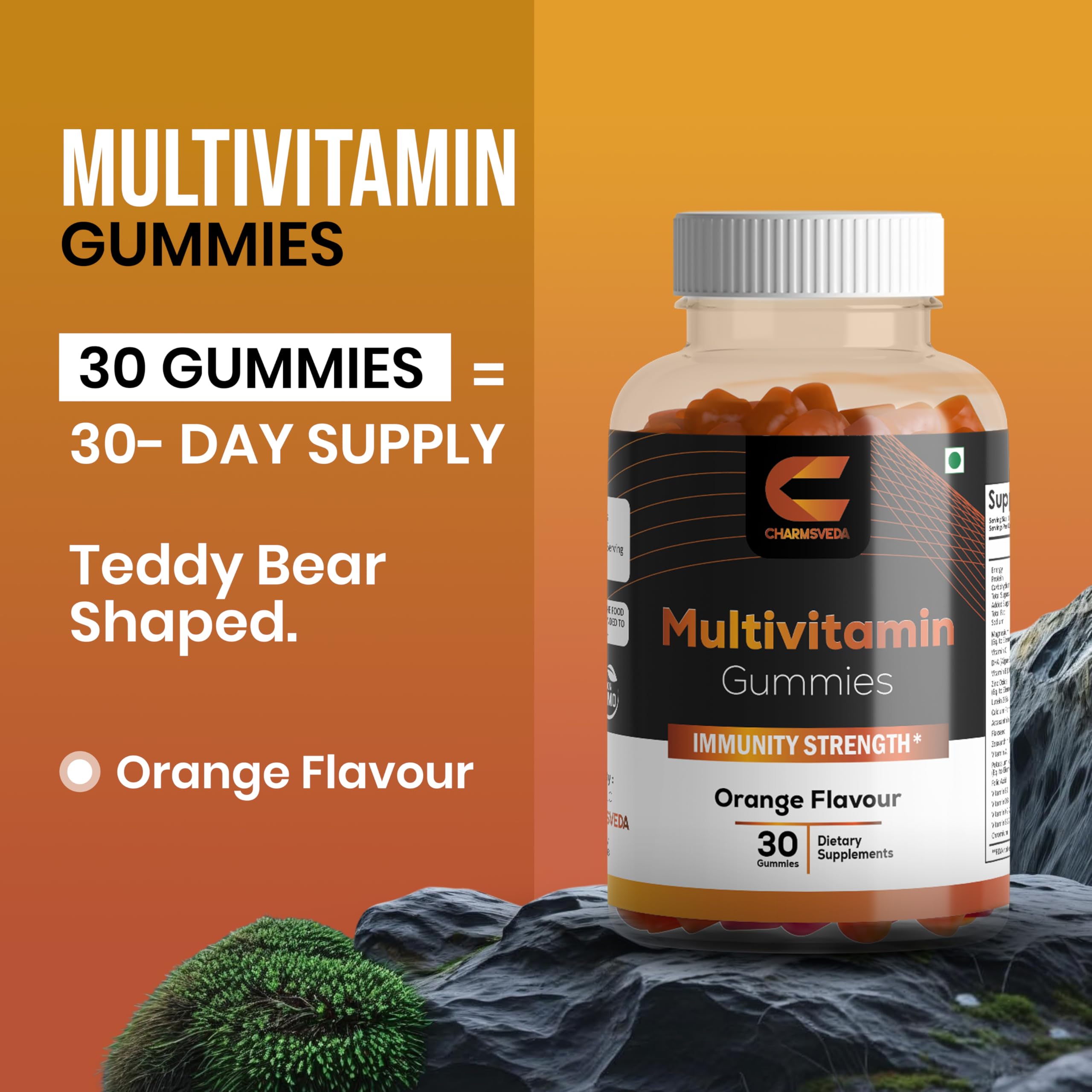 Gomitas CHARMSVEDA naranja, acercamiento de la textura para consumo diario.
