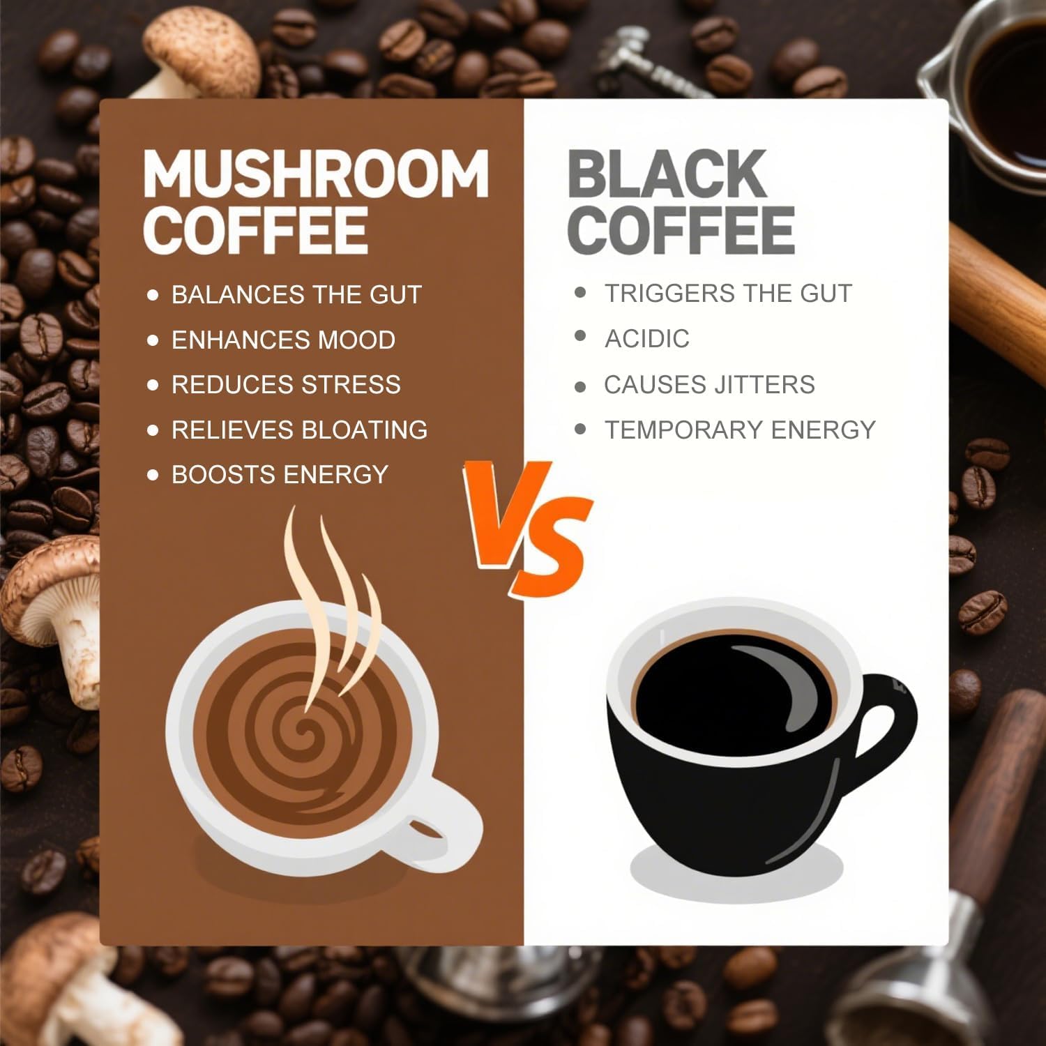CHATTER PAWS Mushroom Coffee, ingredientes melena-de-león y cordyceps en la mezcla.