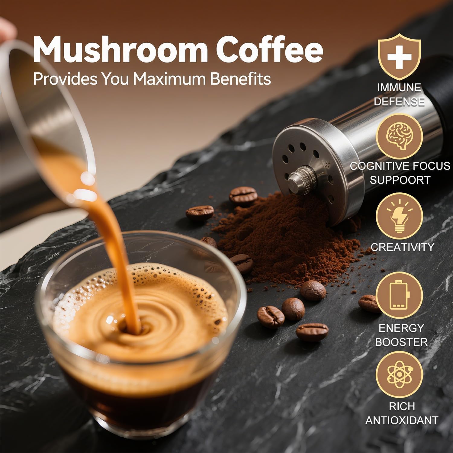 CHATTER PAWS Mushroom Coffee, taza humeante para concentración y claridad mental.