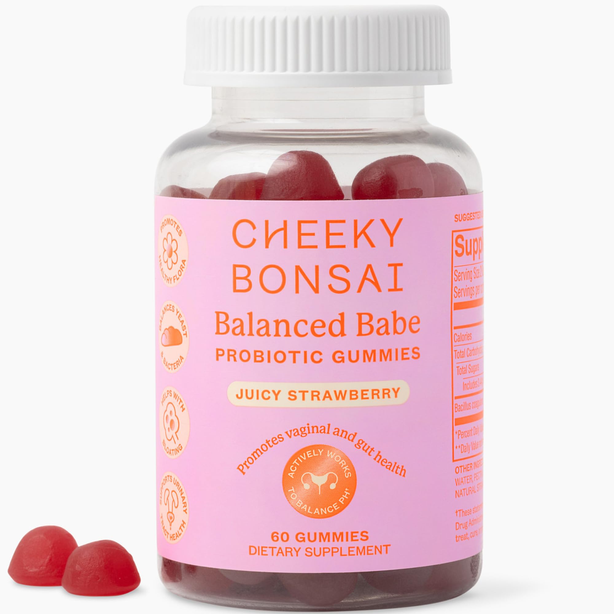 Cheeky Bonsai gomitas sabor fresa, frente del frasco, promueven equilibrio diario y salud femenina.