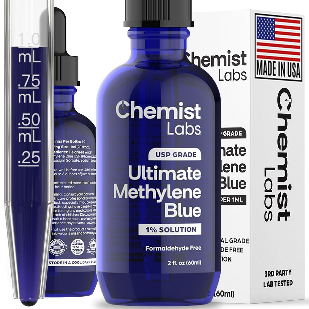 Chemist Labs 1% Azul de Metileno Drops en botella, pureza alta para uso diario.