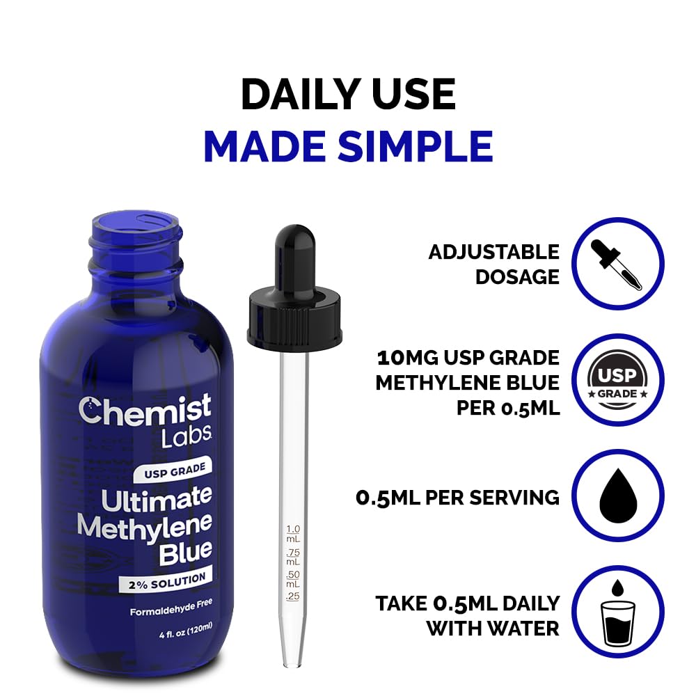 Chemist Labs Azul Metileno, pureza 99% USP en cada frasco.