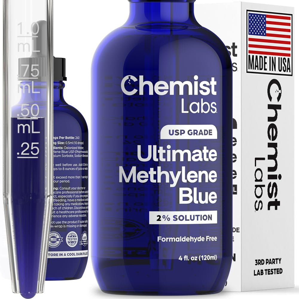 Chemist Labs Azul Metileno, solución 4oz botella, gotero para dosificación precisa.