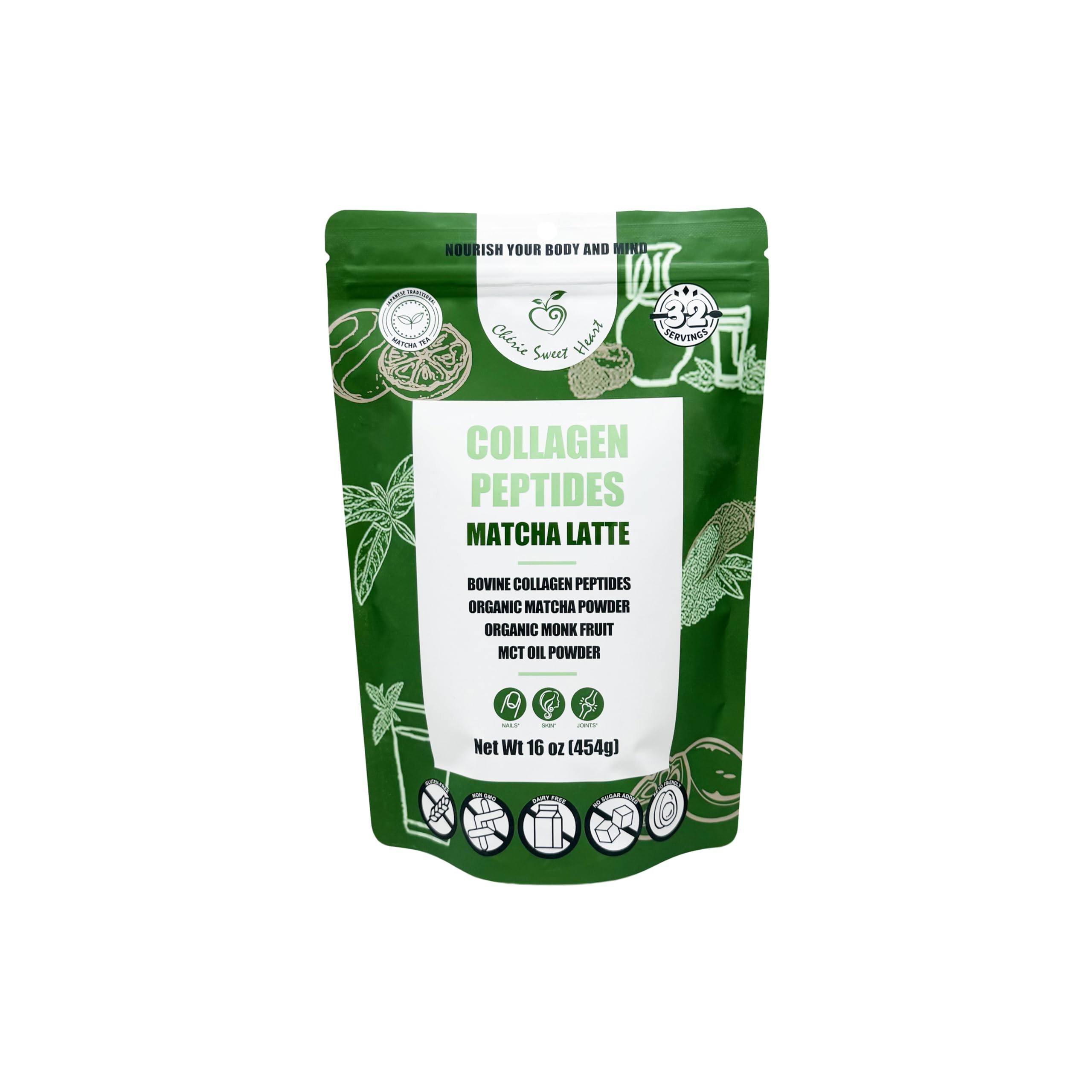 Chérie Sweet Heart polvo de colágeno con matcha latte para energía estable y piel radiante