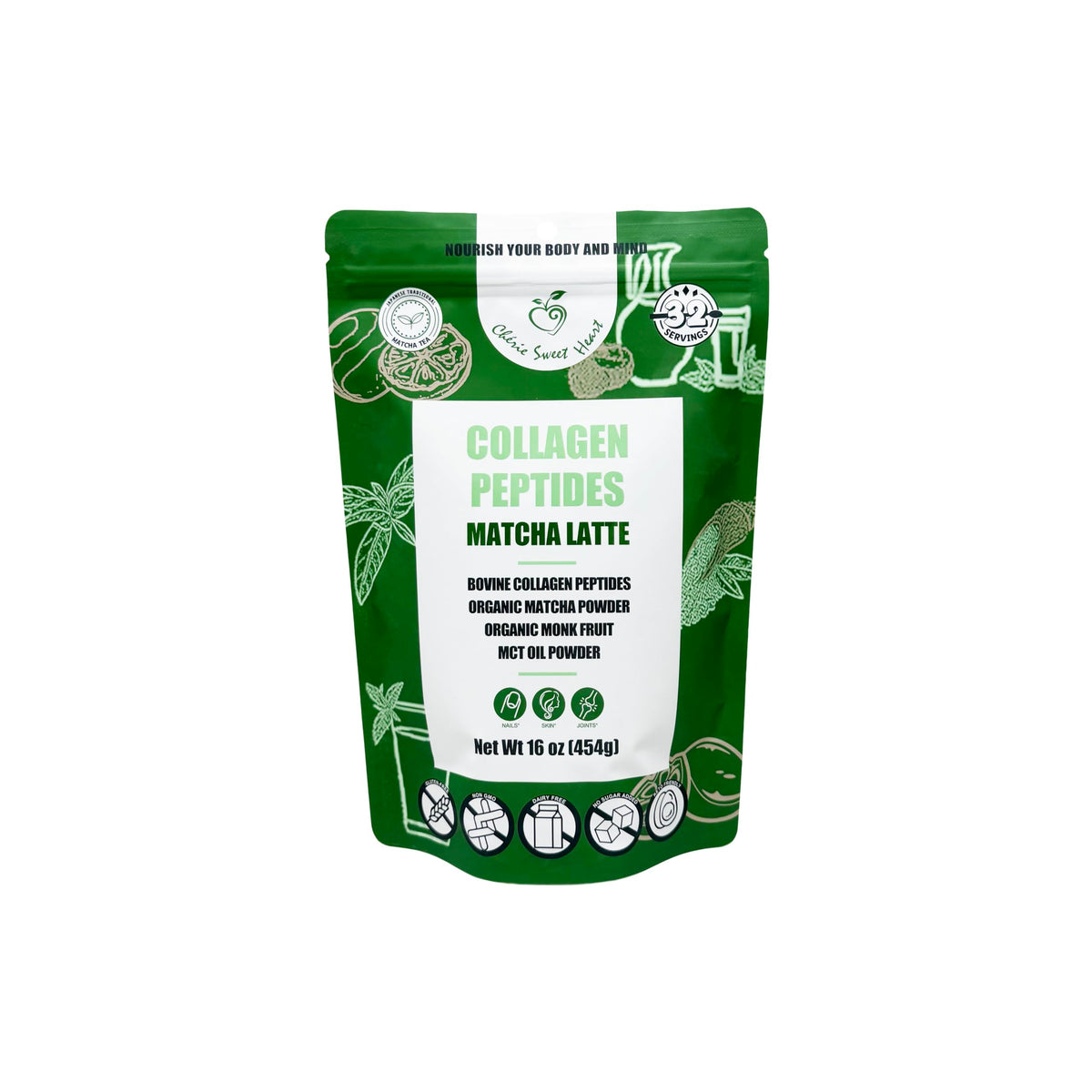 Chérie Sweet Heart polvo de colágeno con matcha latte para energía estable y piel radiante