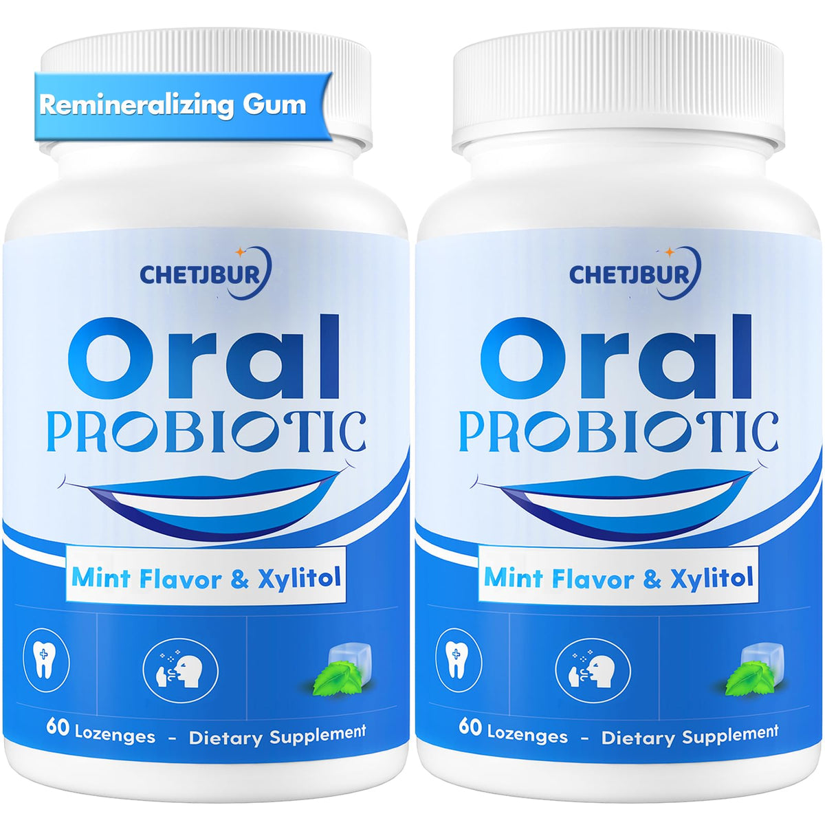 Chetjbur envase de goma remineralizante y probióticos orales para aliento fresco.