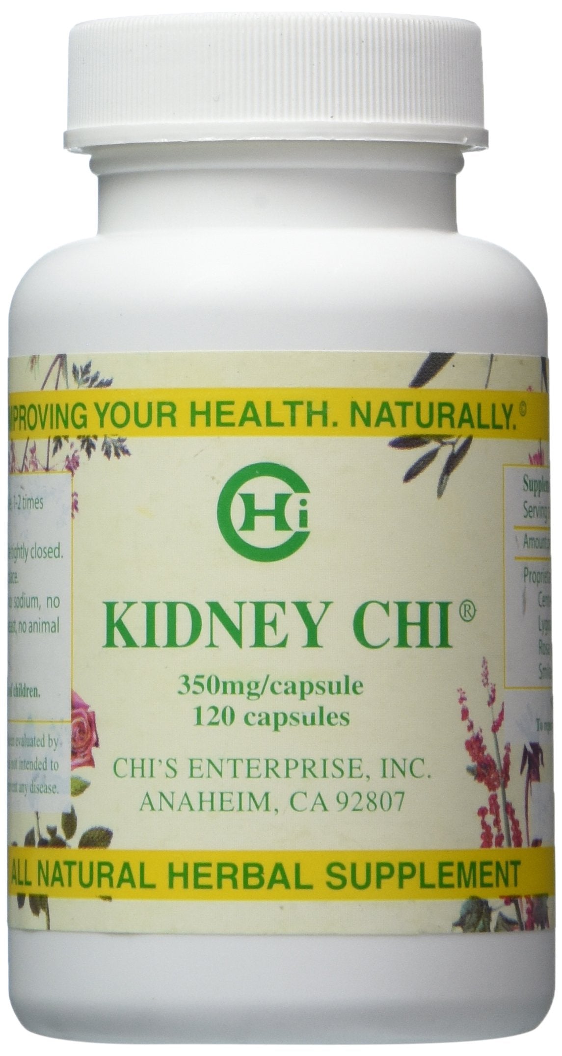 Kidney Chi de Chi's Enterprise, botella con cápsulas, posible apoyo para funciones renales y urinarias.