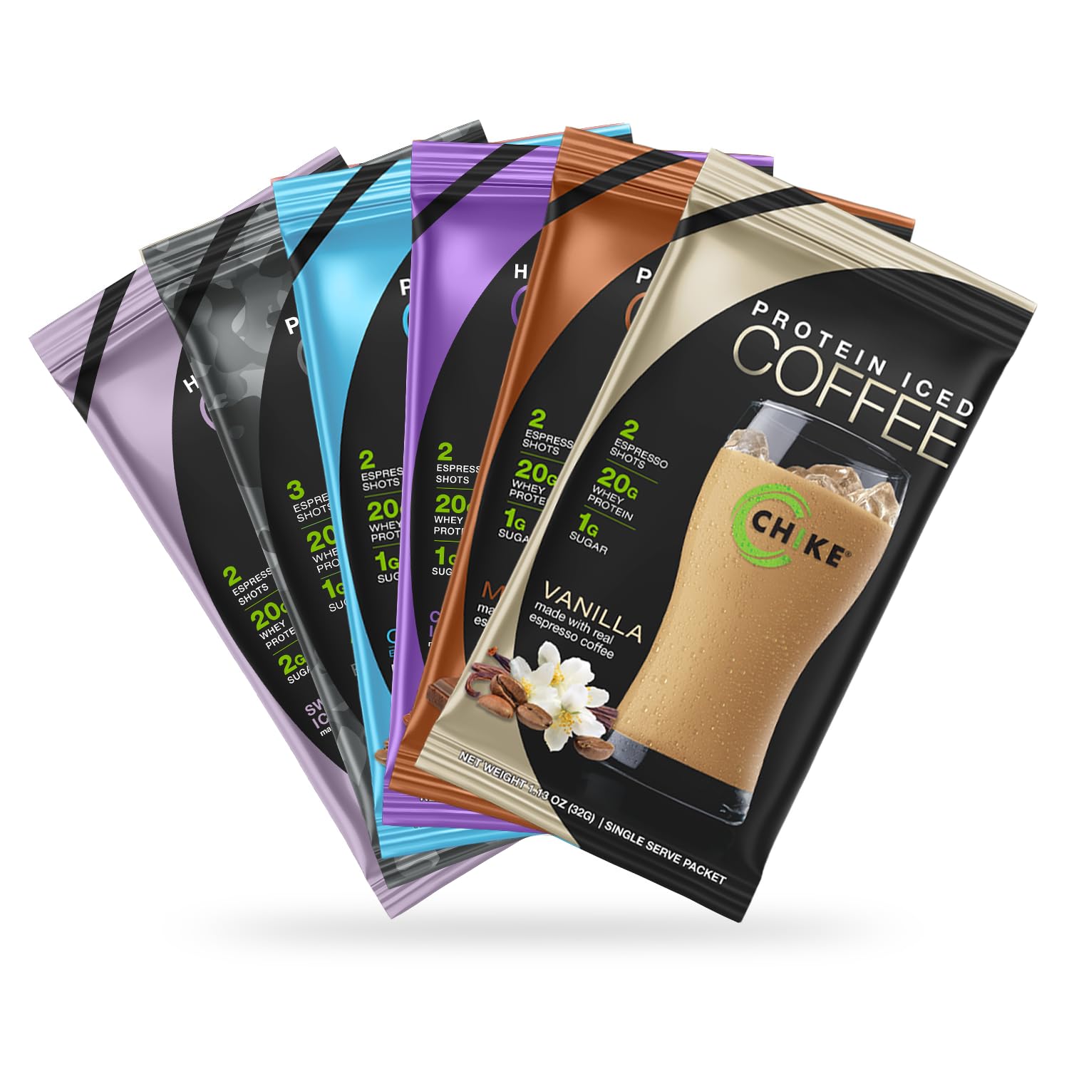 CHIKE proteina cafe frio: muestrario en caja para probar sabores variados.