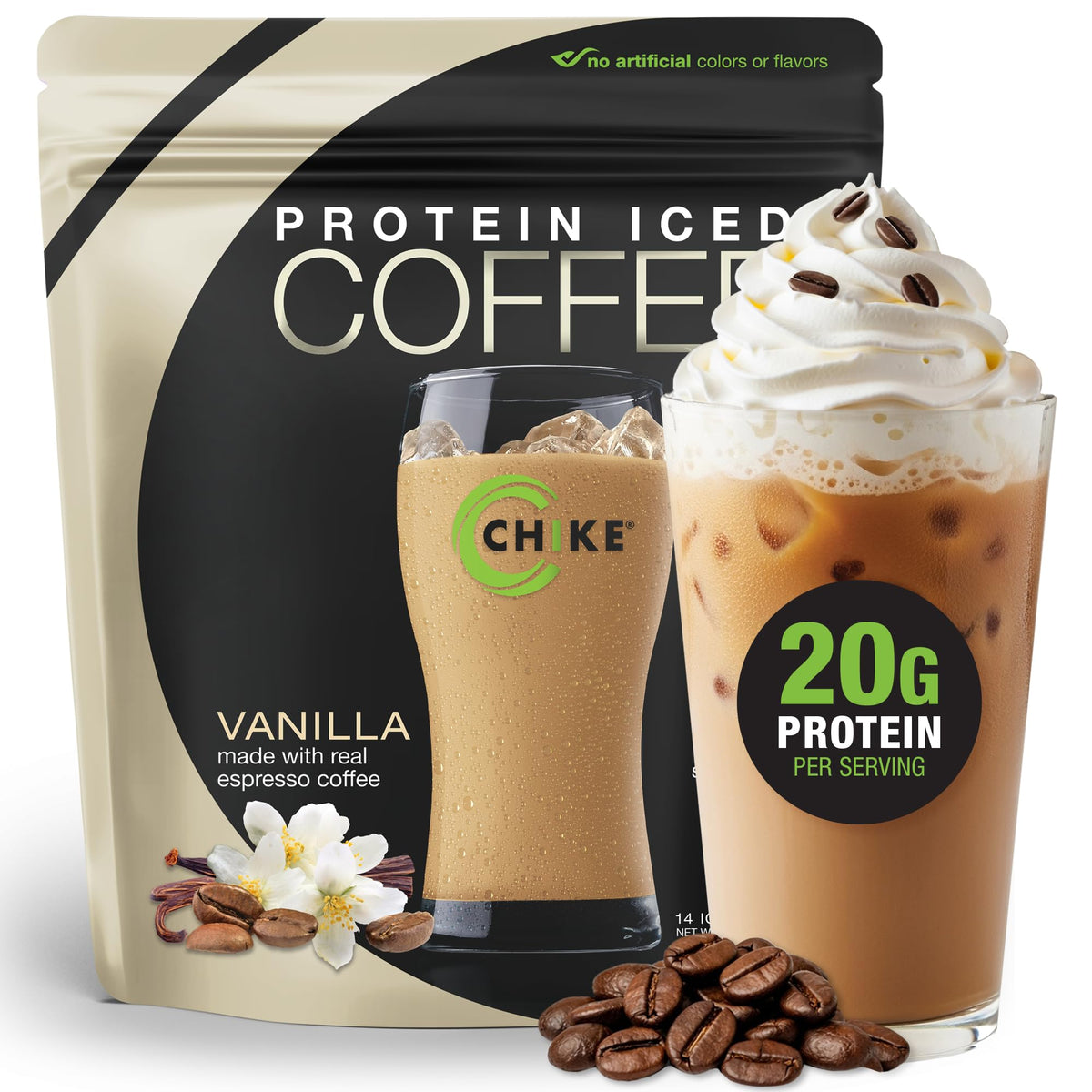 CHIKE Vanilla Protein Coffee con dos espresso para energía matutina