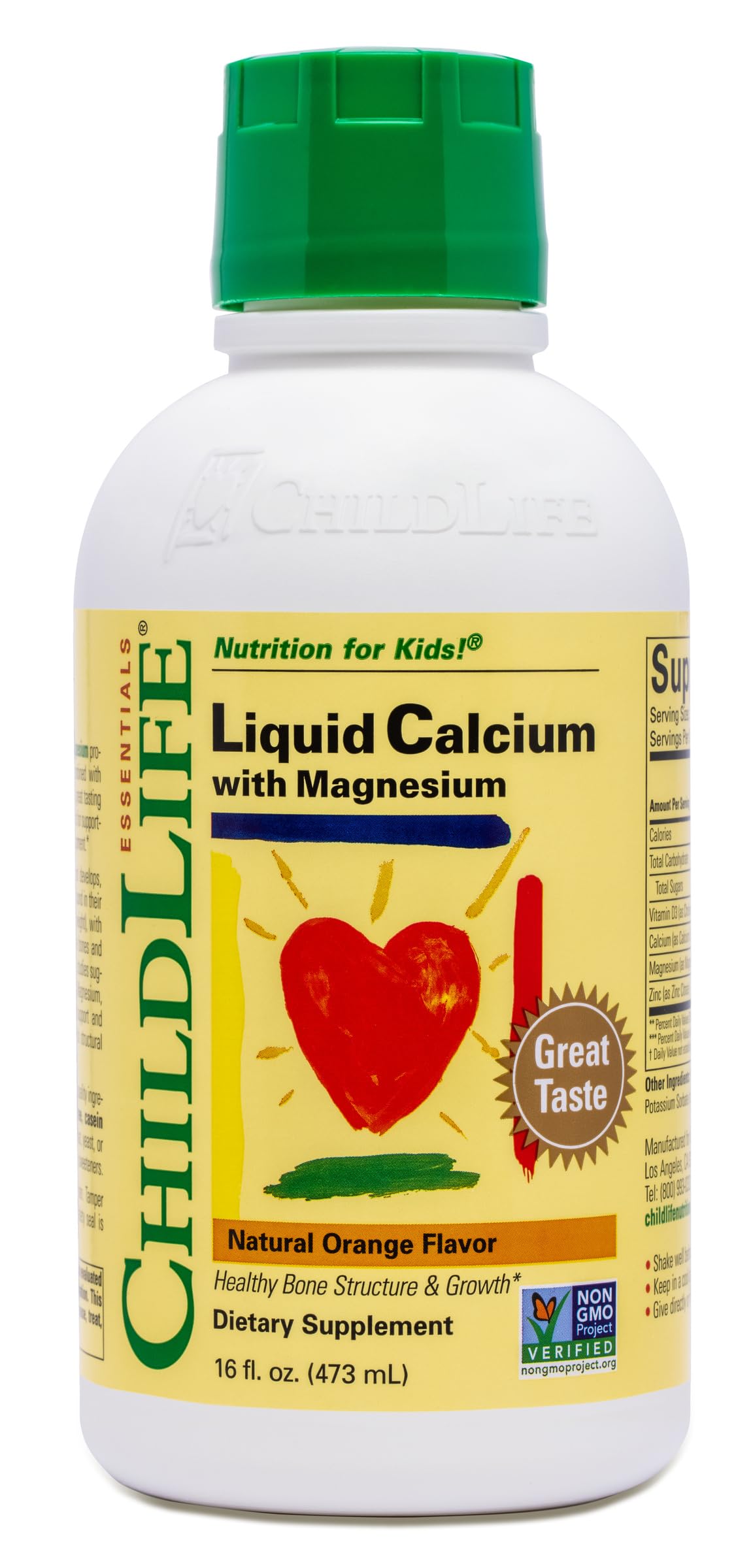 CHILDLIFE ESSENTIALS calcio líquido para niños, frasco 473 ml, fácil de dosificar.