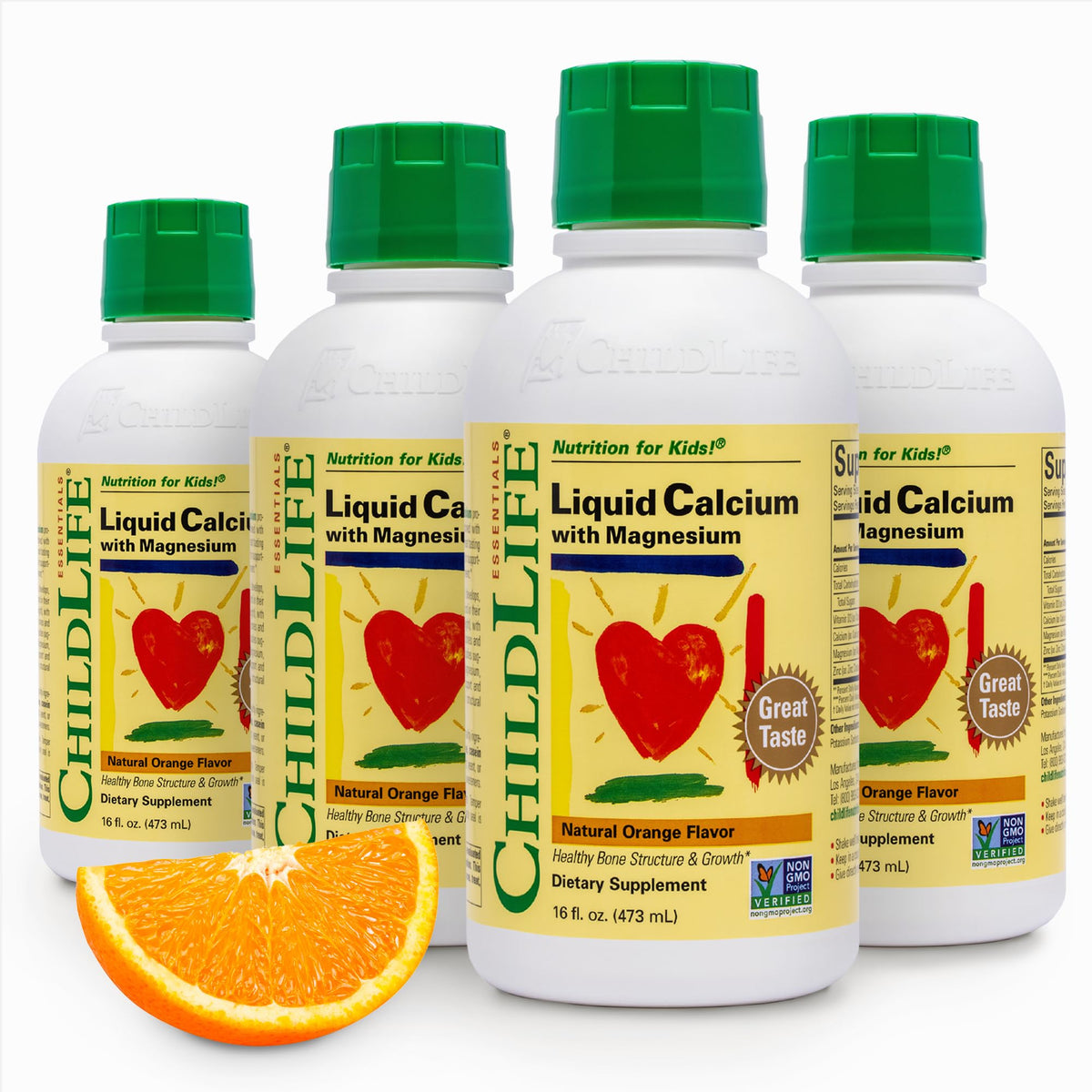 CHILDLIFE ESSENTIALS calcio líquido para niños, botella frontal, sabor naranja