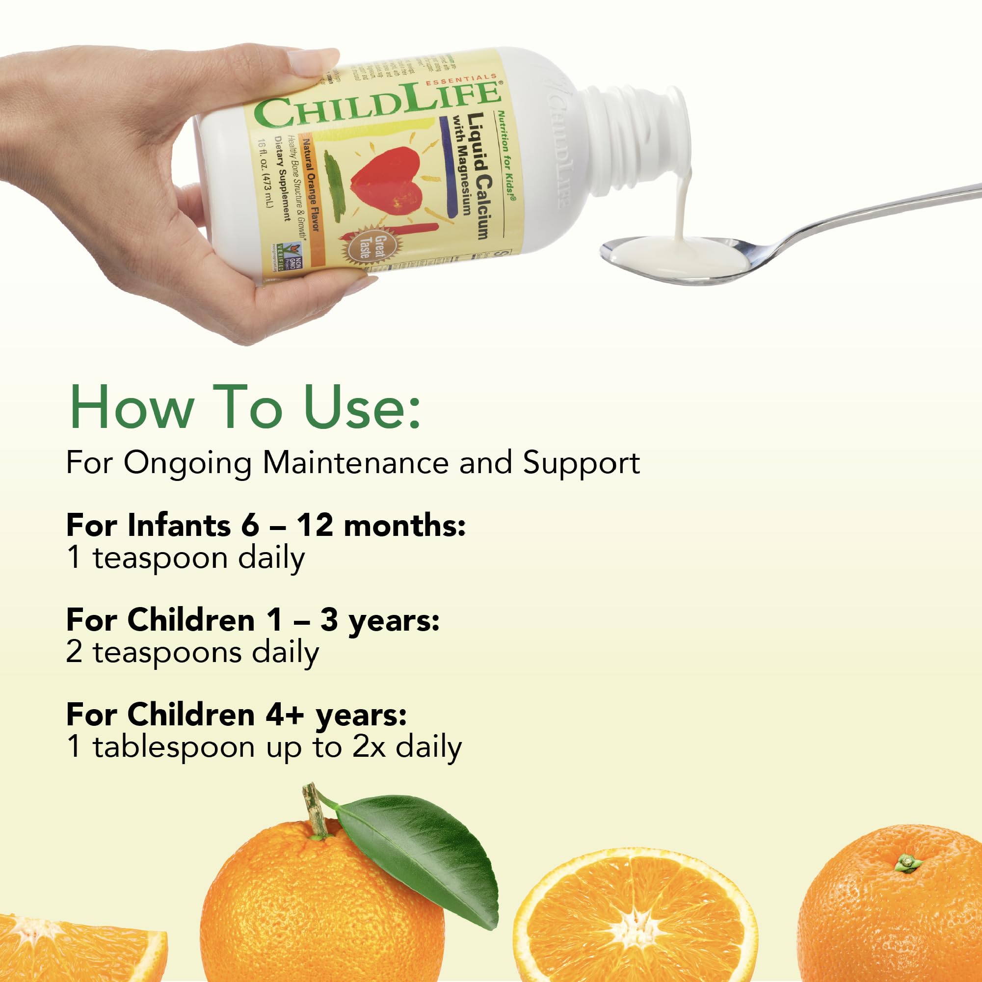 CHILDLIFE ESSENTIALS dosis por edades con cuchara medidora para facilitar la rutina diaria.