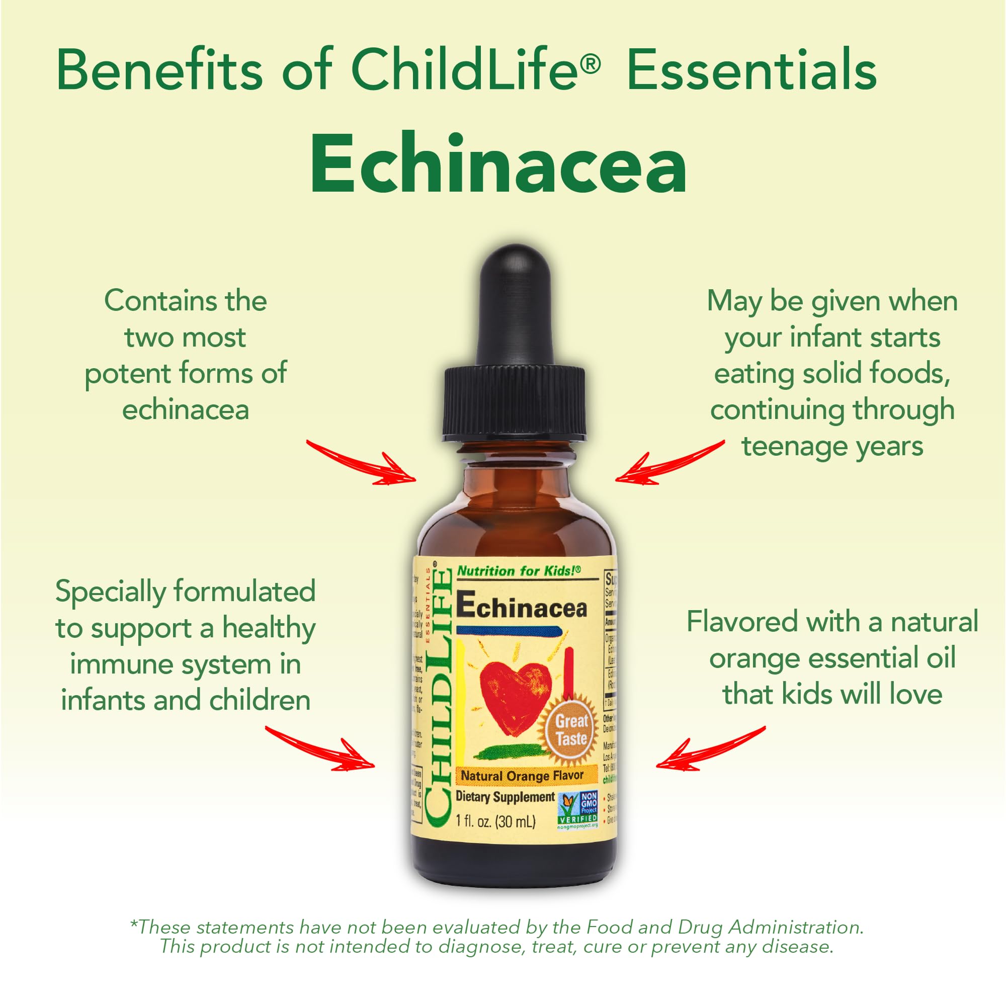 CHILDLIFE ESSENTIALS Echinacea para Niños, dosis diarias fáciles, para rutina infantil.