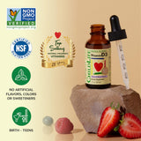 CHILDLIFE ESSENTIALS Etiqueta clara con dosis diaria recomendada para niños.