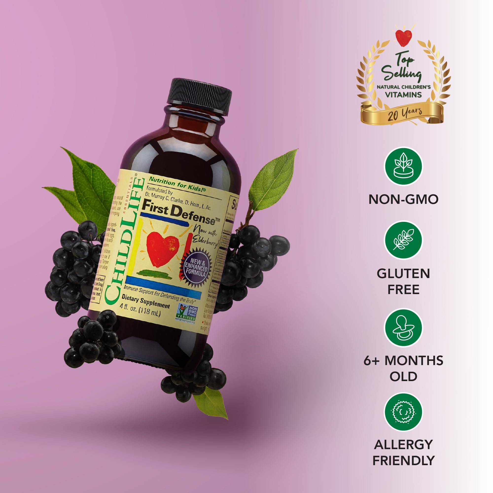 CHILDLIFE ESSENTIALS First Defense, bayas de saúco: antioxidantes para la salud respiratoria.