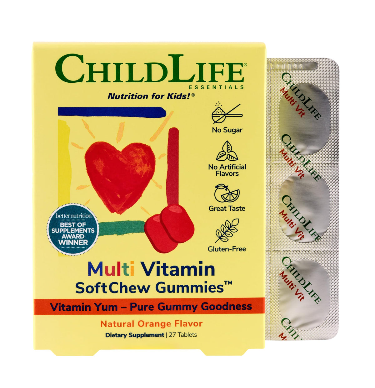 CHILDLIFE ESSENTIALS: gomitas naranja para niños en caja, snack diario saludable.