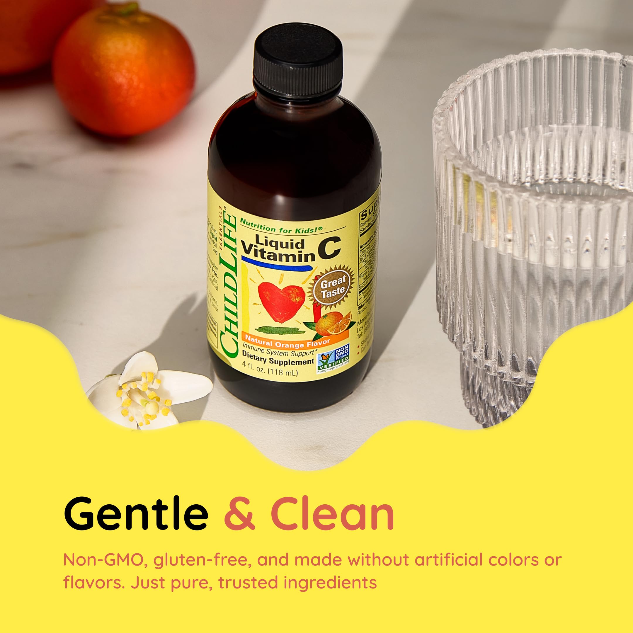 CHILDLIFE ESSENTIALS Vitamina C líquida, etiqueta sin gluten y sin alérgenos.