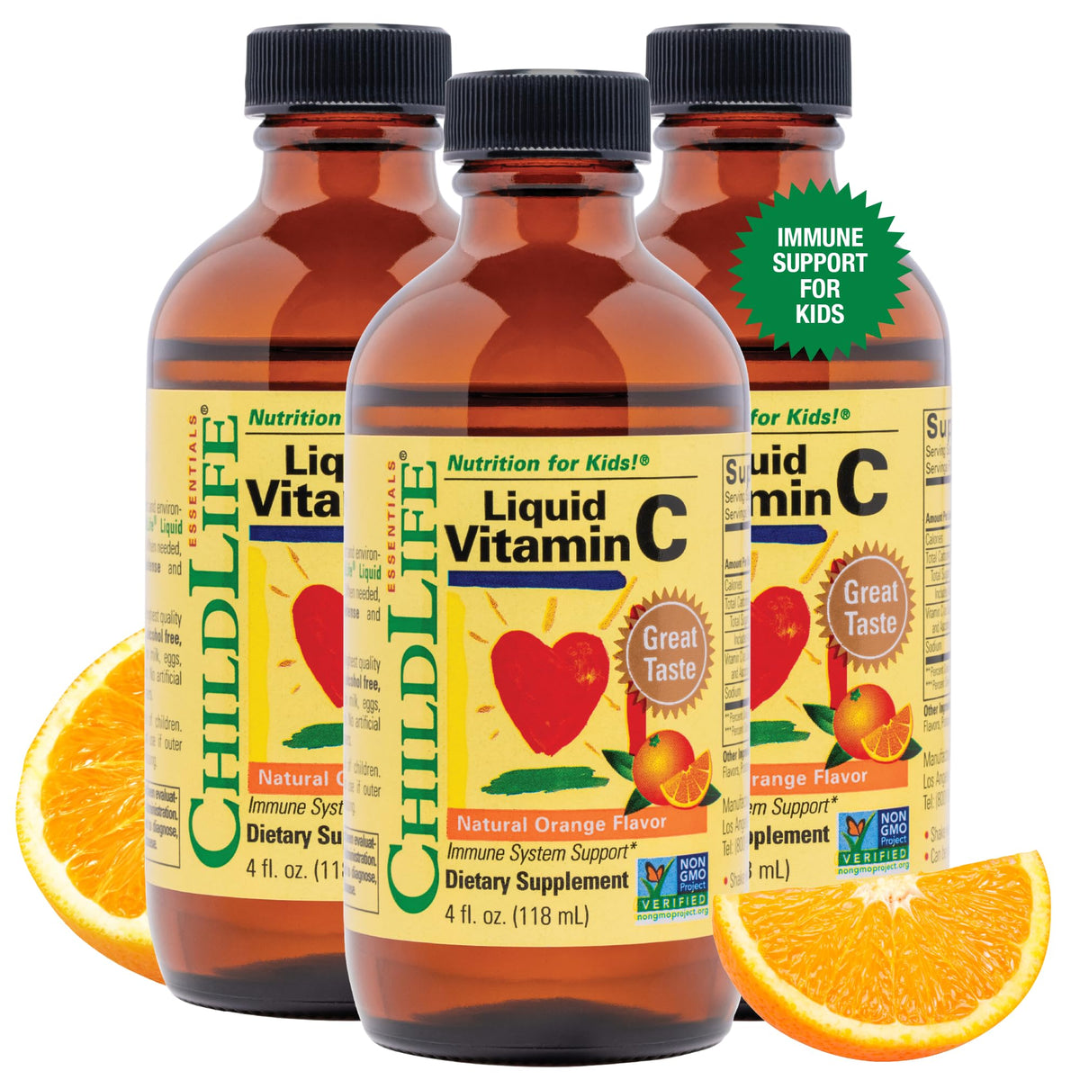 CHILDLIFE ESSENTIALS Vitamina C líquida para niños, bote práctico para dosis diarias.