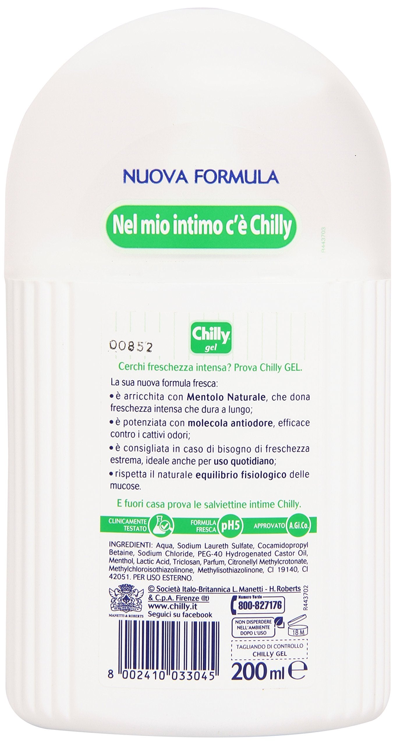 Chilly Gel Íntimo: envase italiano para uso diario con presentación atractiva.