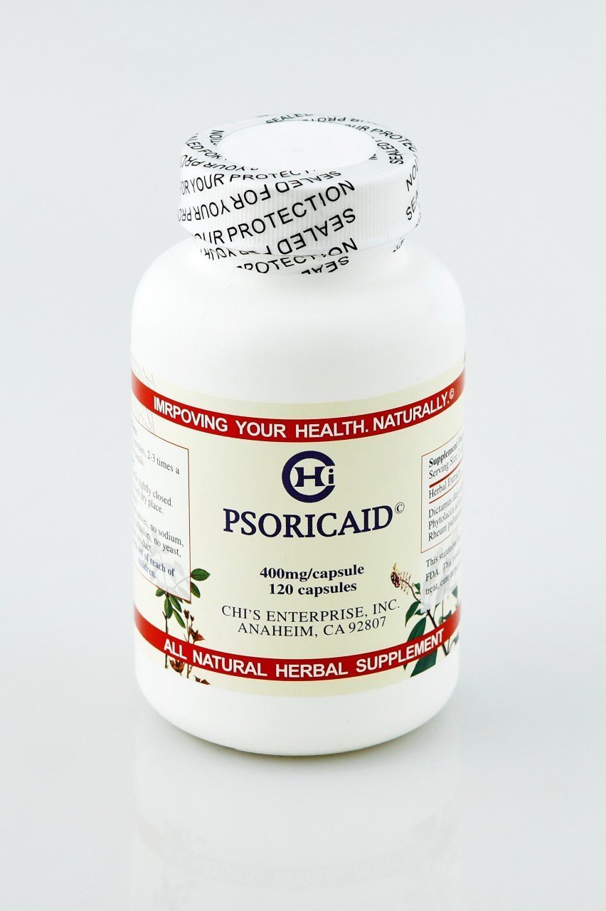 Chi's Enterprise Psoricaid cápsulas, foco en cápsulas, posible apoyo al cuidado de la piel.