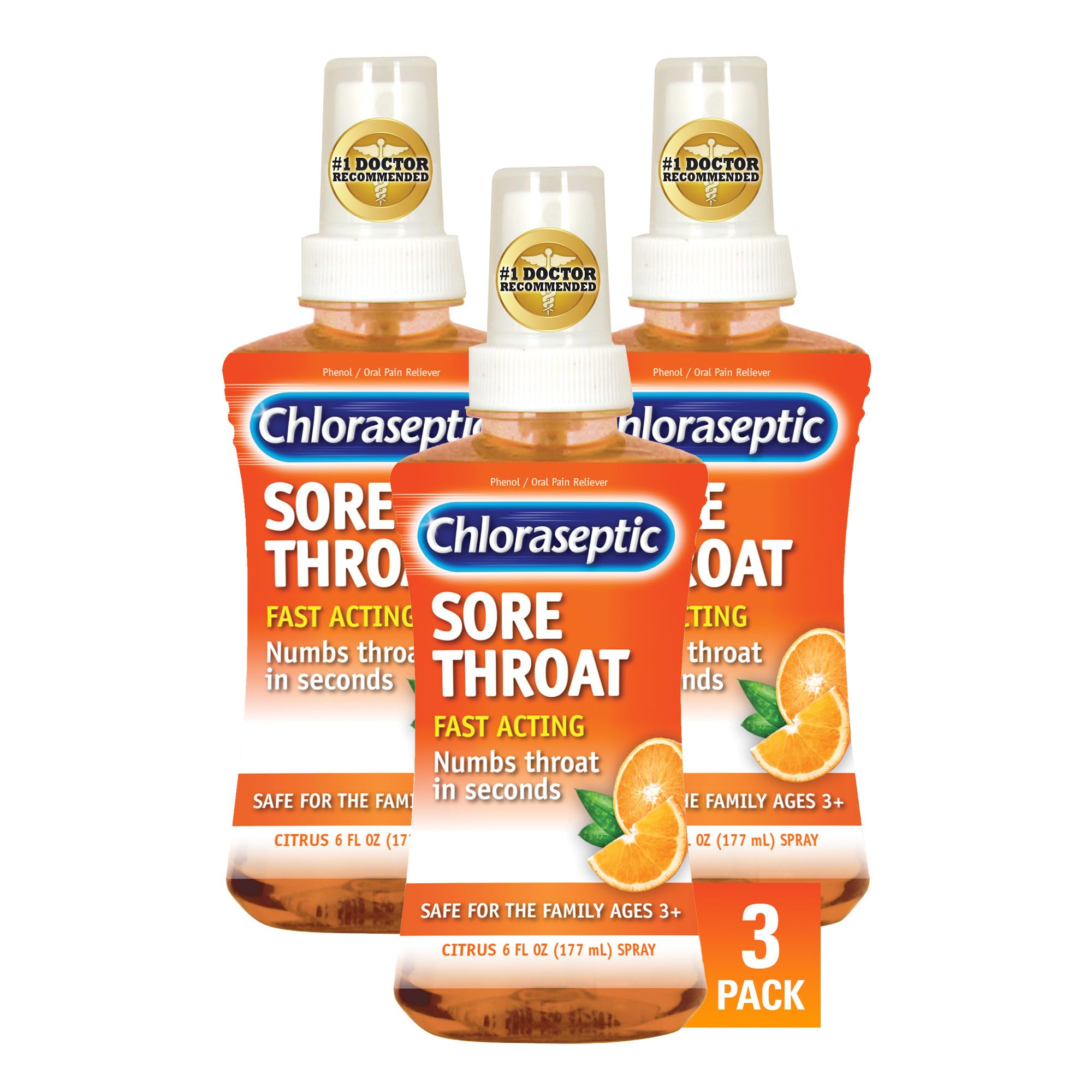 Chloraseptic aerosol para dolor de garganta, sabor cítrico, envase de 6 oz, paquete de tres.