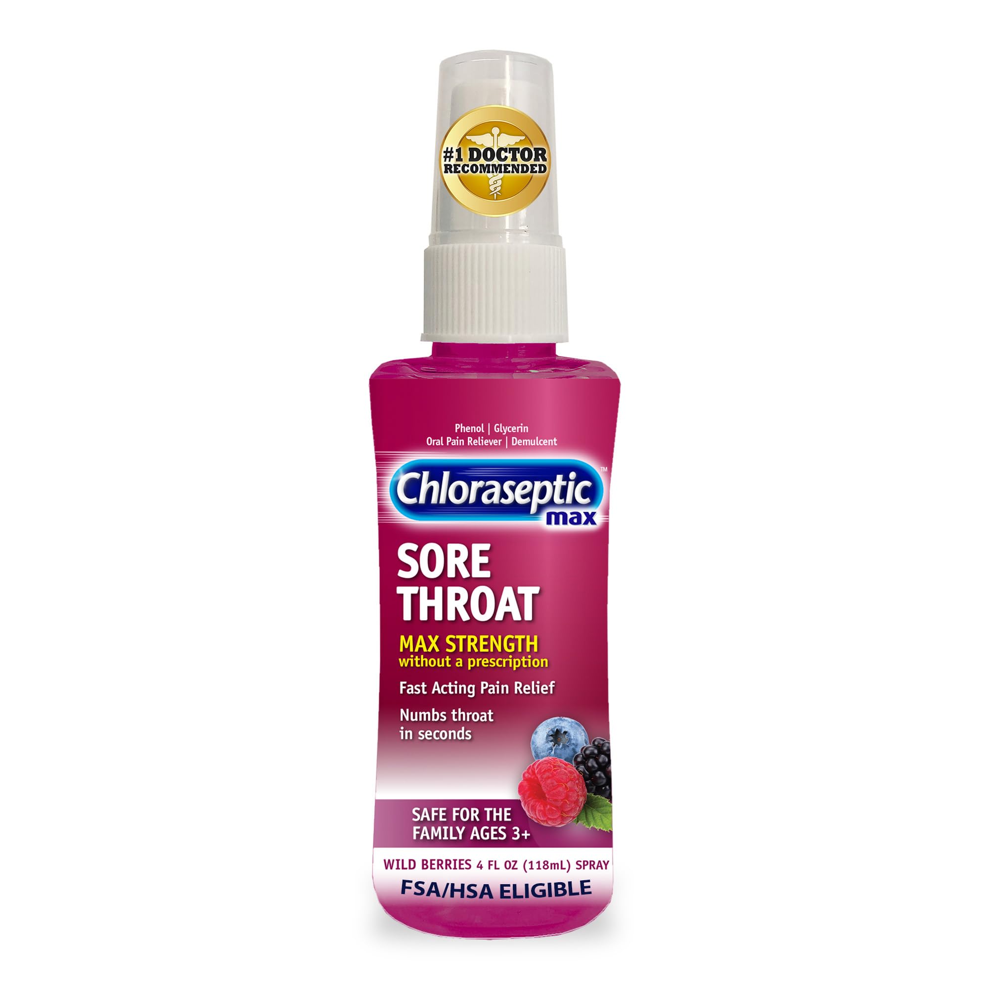 Chloraseptic ofrece alivio rápido de garganta con spray sabor frambuesa sin azúcar.