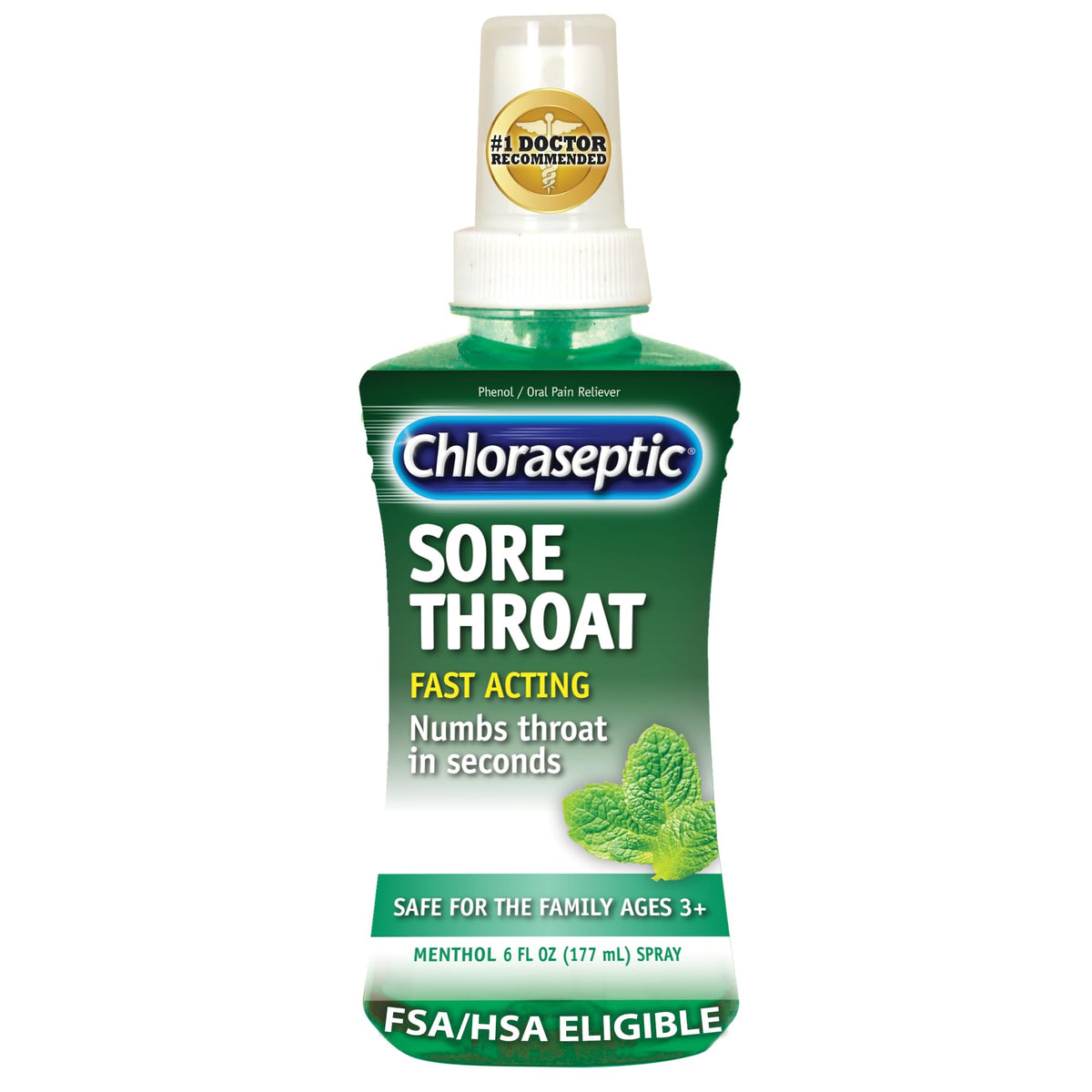 Chloraseptic alivio rápido para garganta con mentol, uso inmediato.